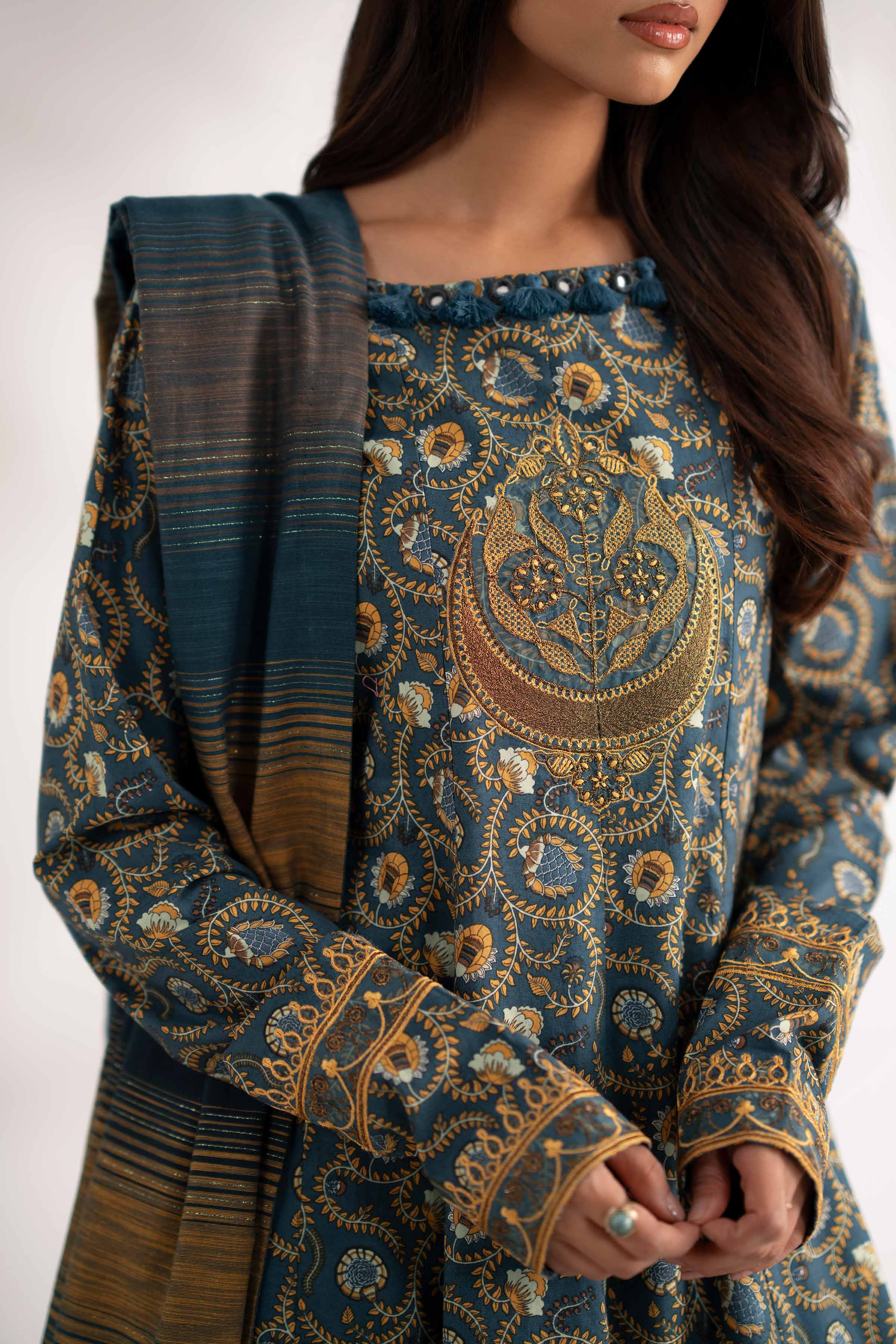 NISHATUAE - Blue Embroidered Cotton 3-piece Unstitched Suit