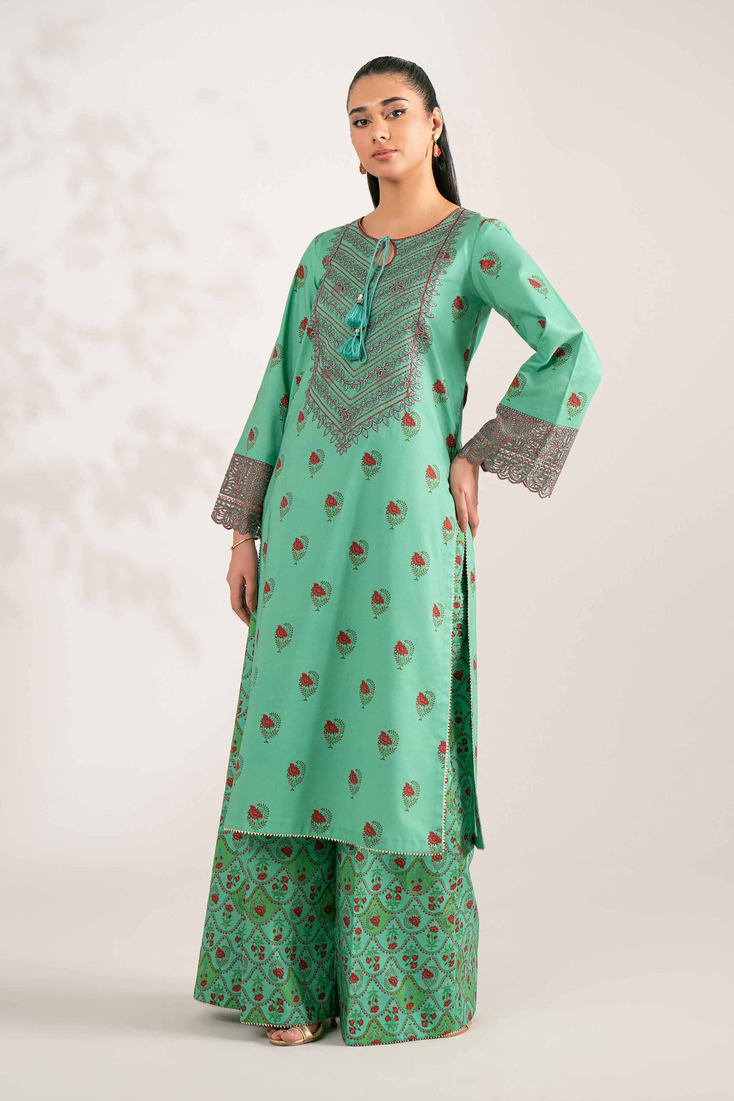 NISHATUAE - Green Embroidered Cotton 2-piece Unstitched Dress