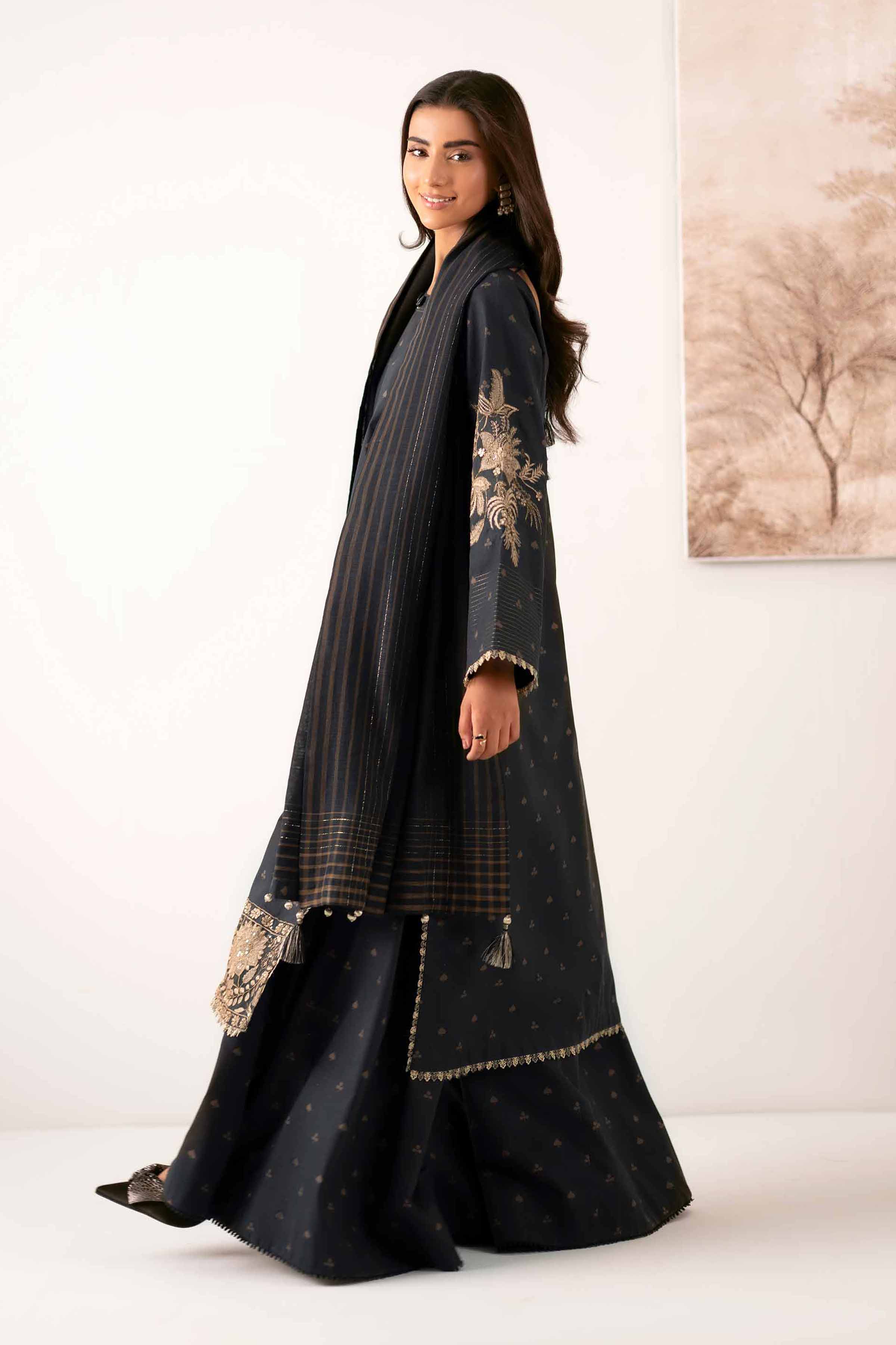NISHATUAE - Black Embroidered Cambric 3-piece Unstitched Suit