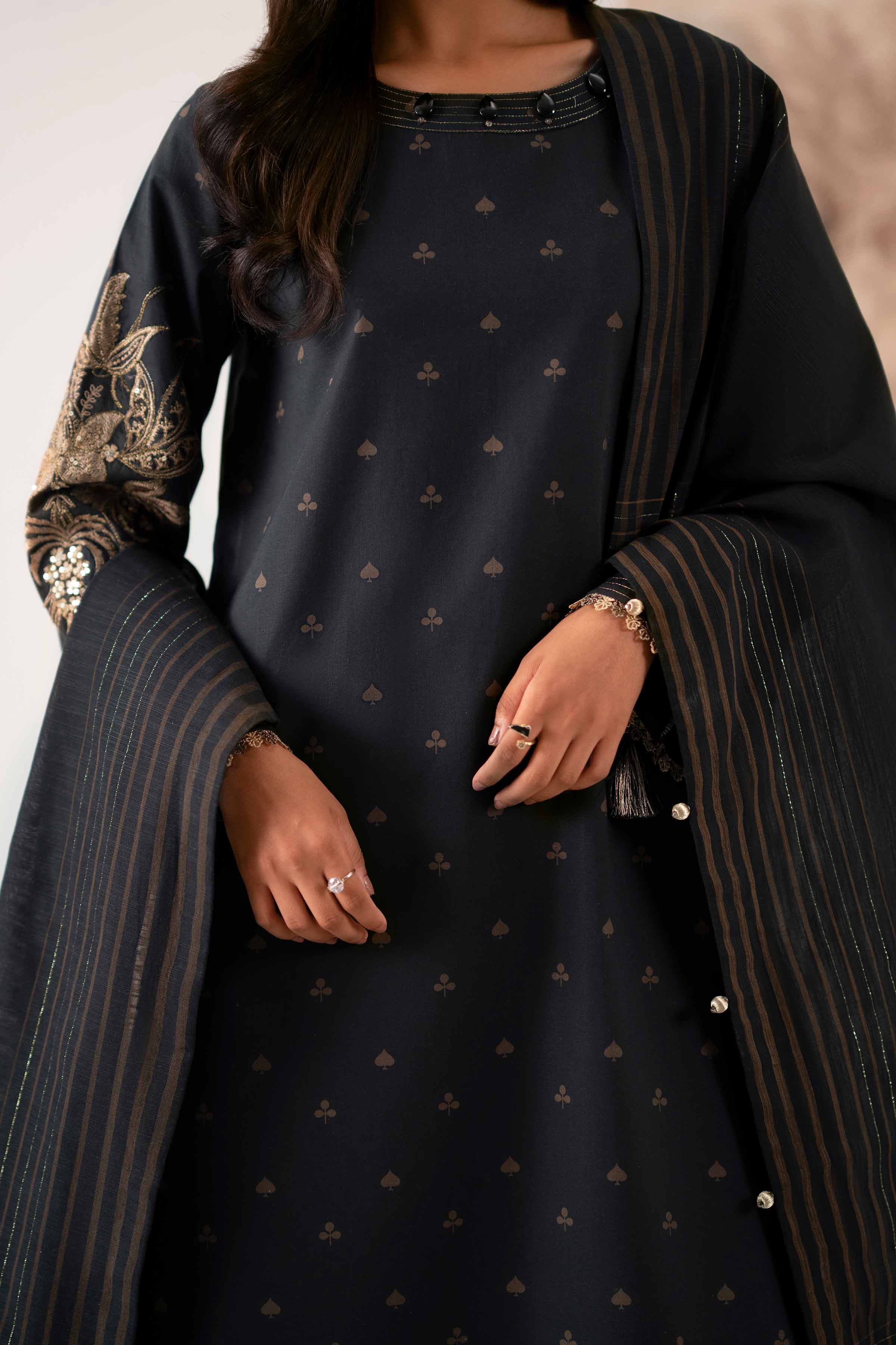 NISHATUAE - Black Embroidered Cambric 3-piece Unstitched Suit