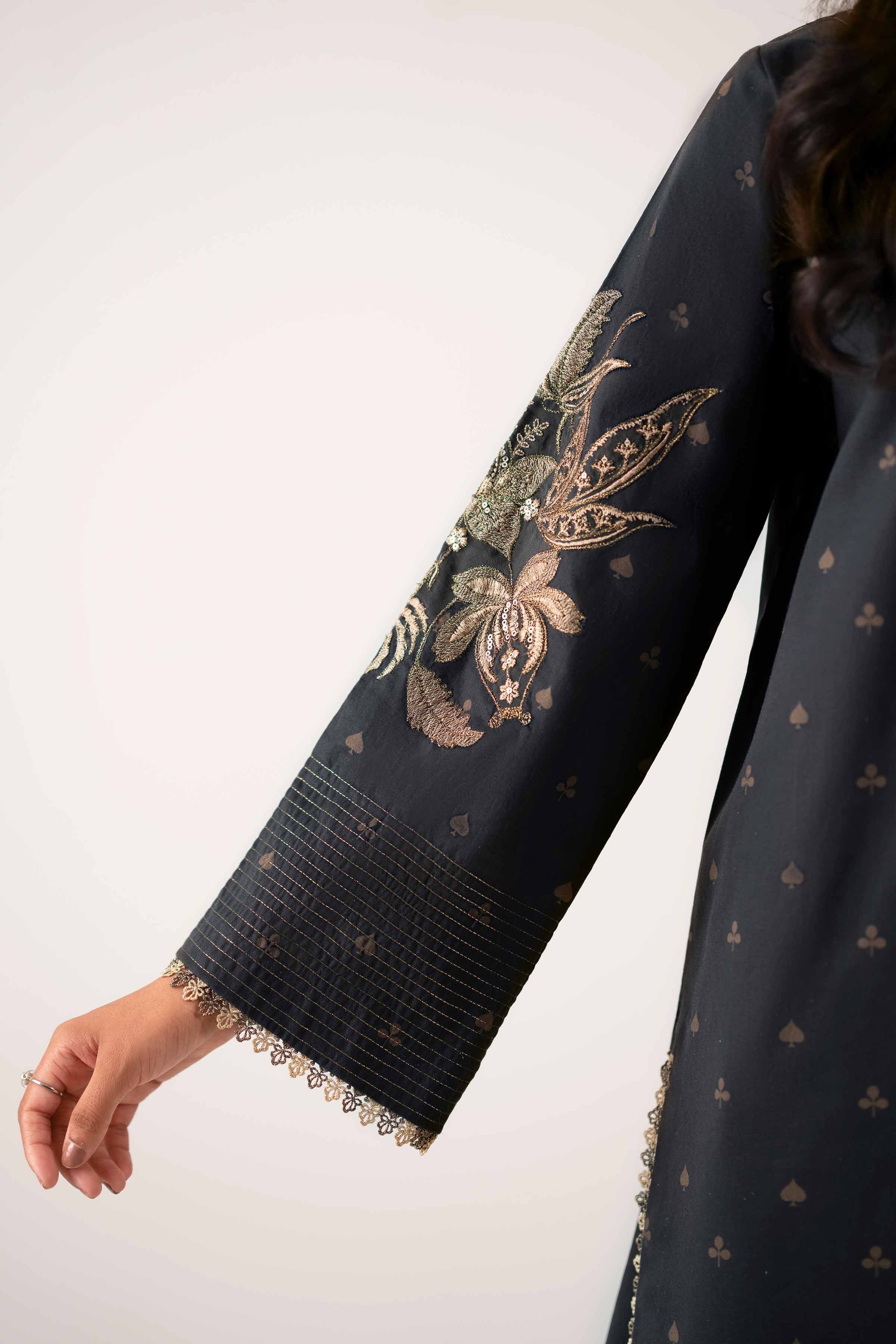 NISHATUAE - Black Embroidered Cambric 3-piece Unstitched Suit