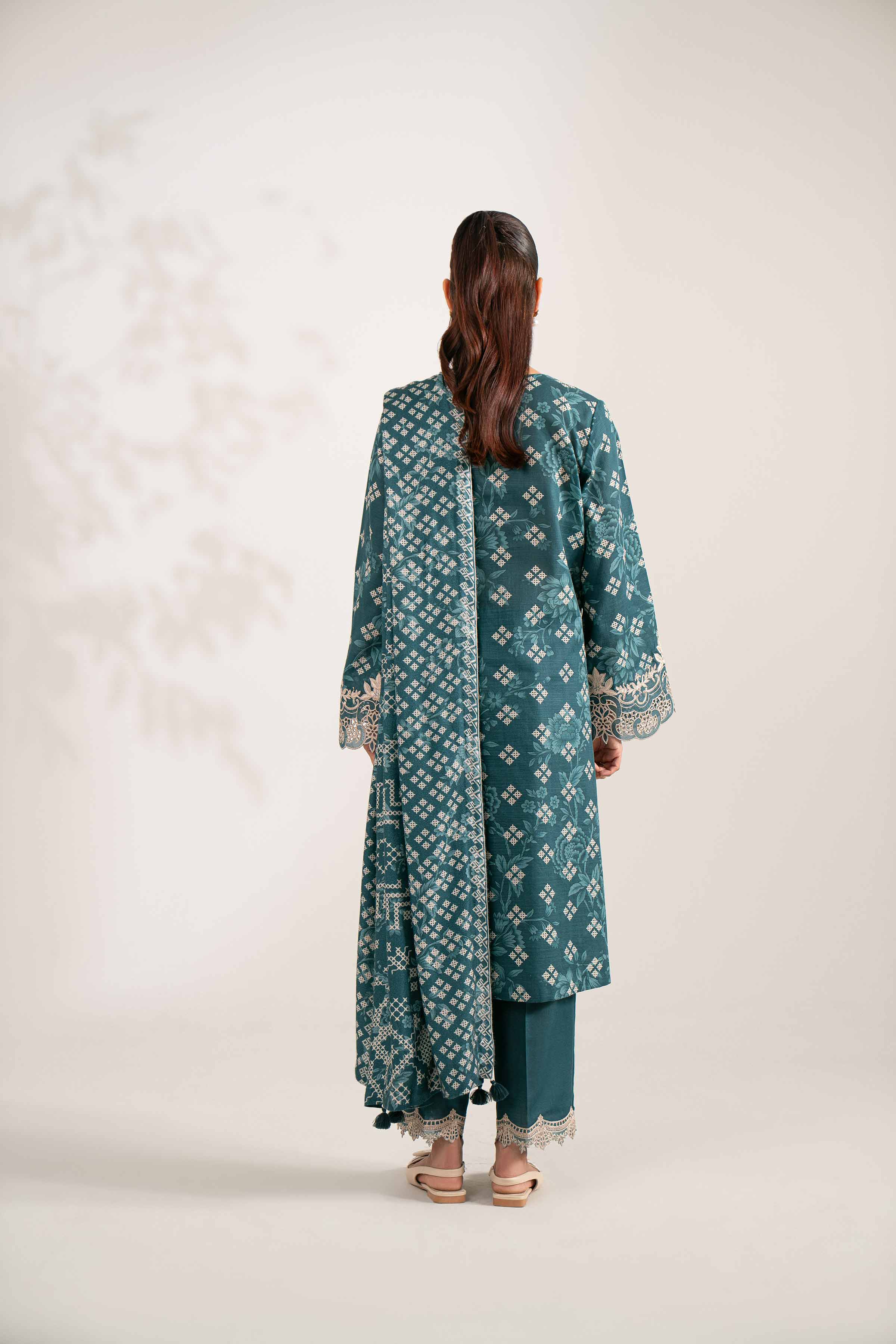 NISHATUAE - Teal Embroidered Khaddar 3-piece Unstitched Suit