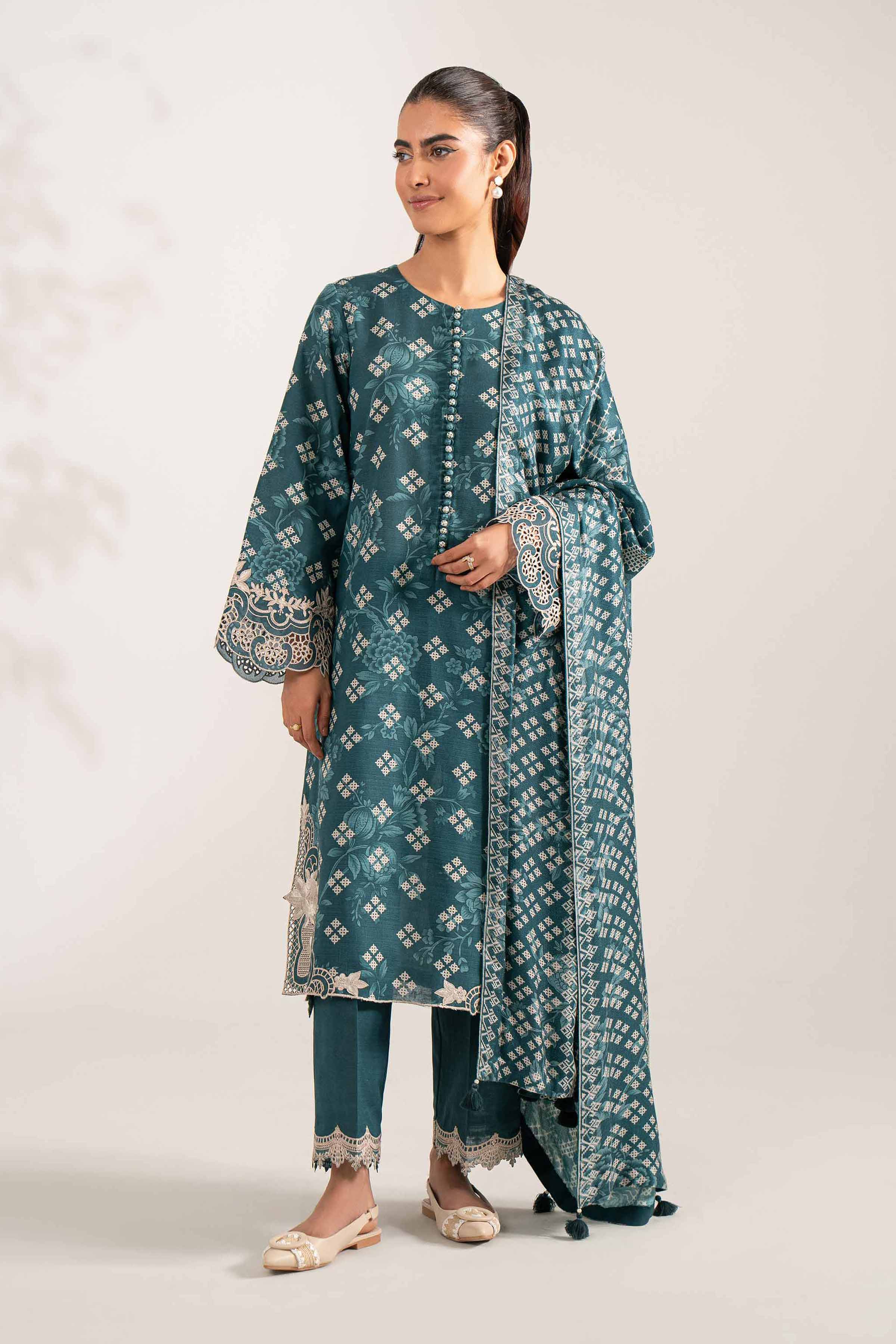 NISHATUAE - Teal Embroidered Khaddar 3-piece Unstitched Suit