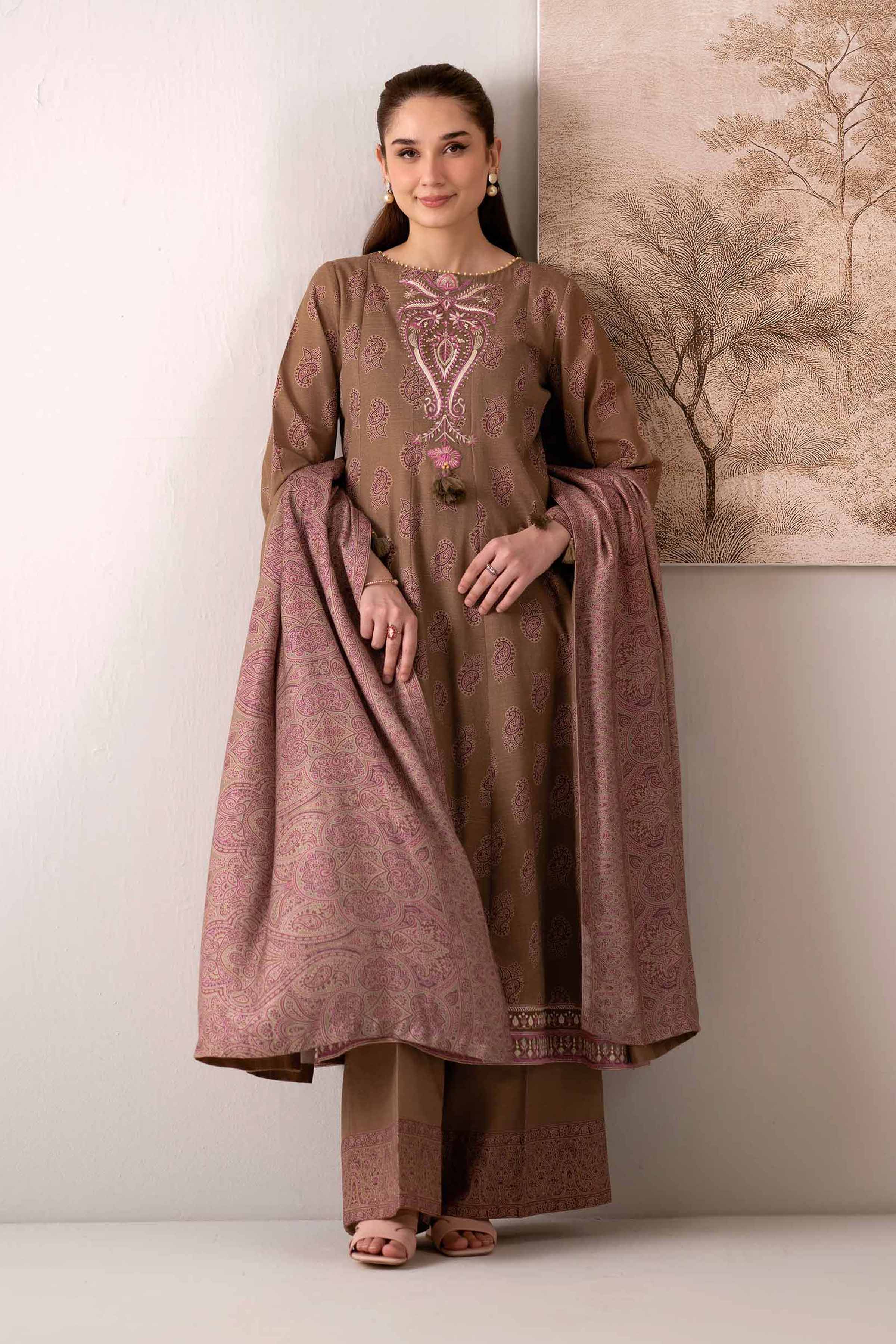 NISHATUAE - Beige Embroidered Khaddar 3-piece Unstitched Suit