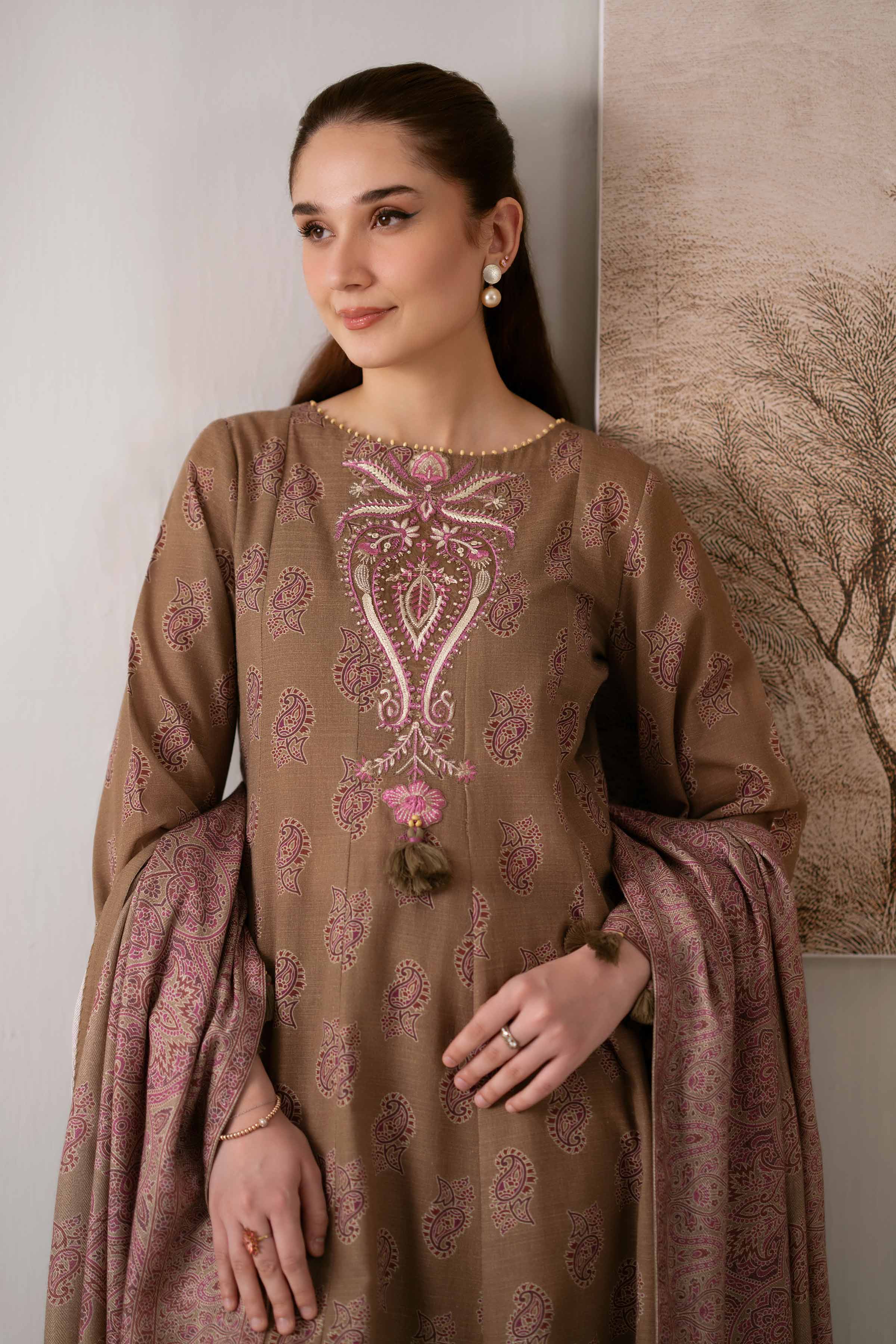 NISHATUAE - Beige Embroidered Khaddar 3-piece Unstitched Suit
