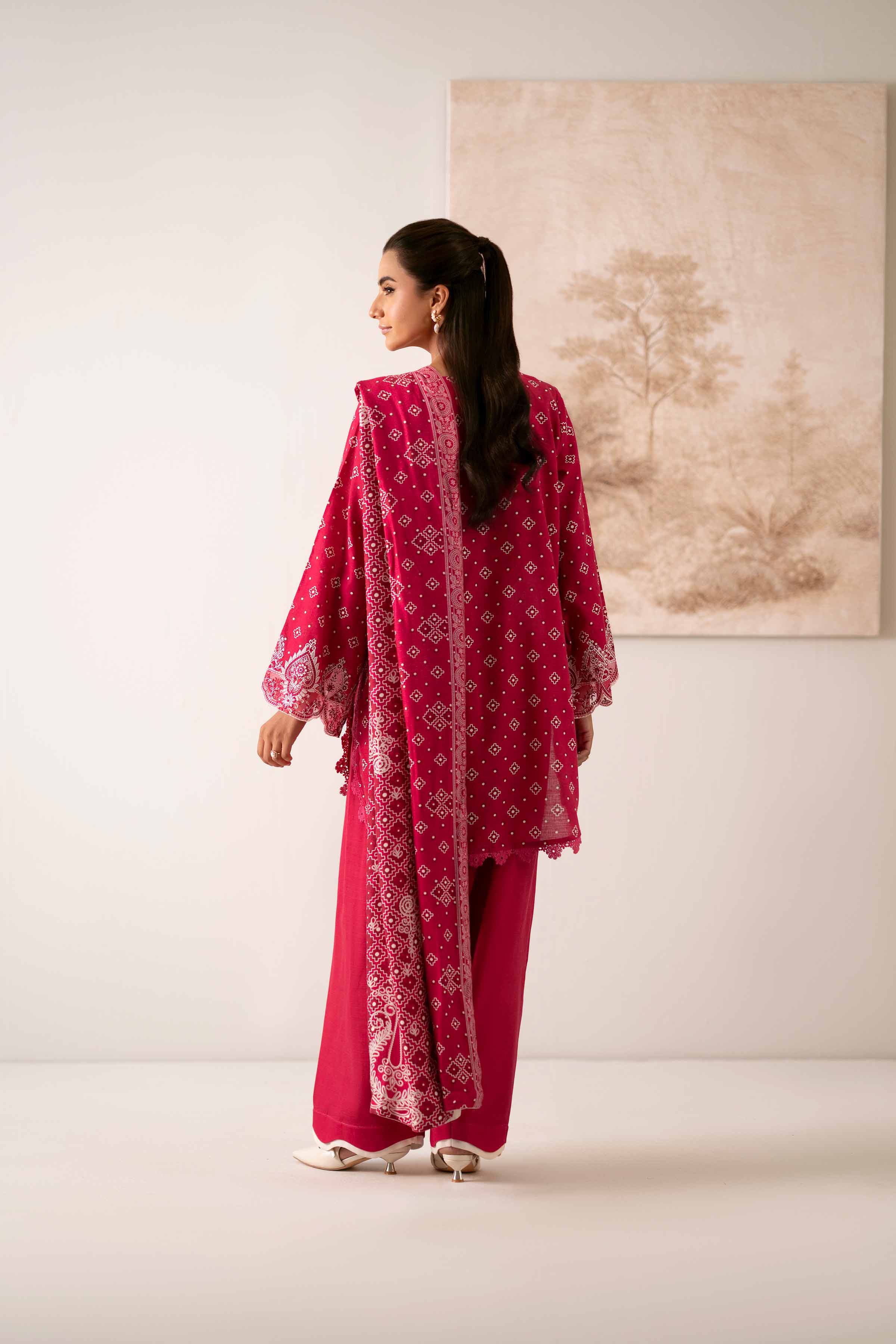 NISHATUAE - Red Embroidered Khaddar 3-piece Unstitched Suit