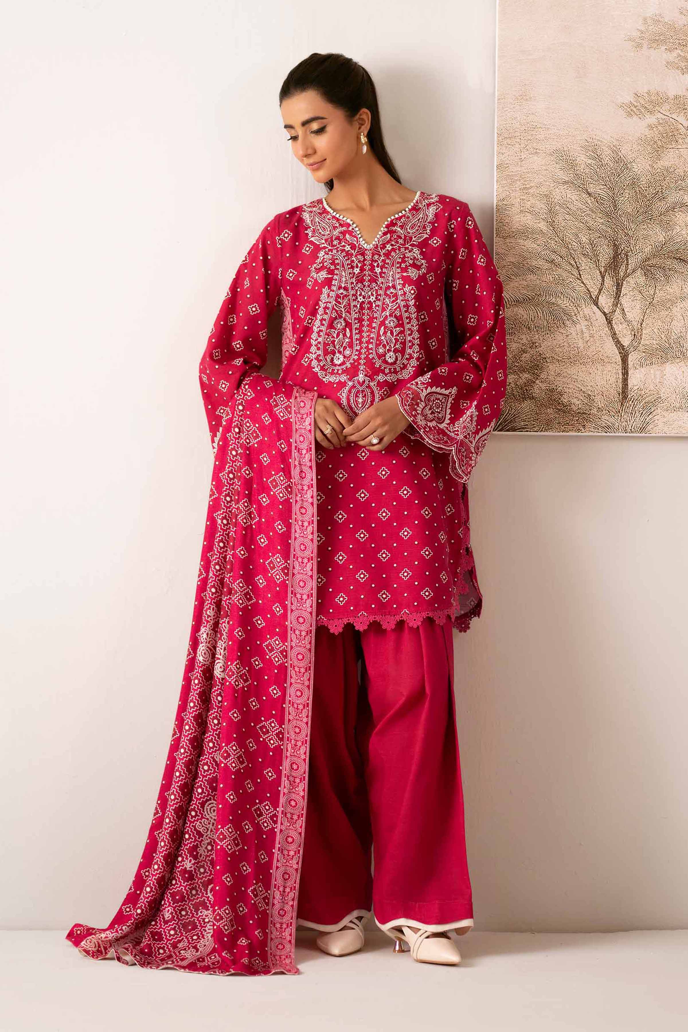 NISHATUAE - Red Embroidered Khaddar 3-piece Unstitched Suit