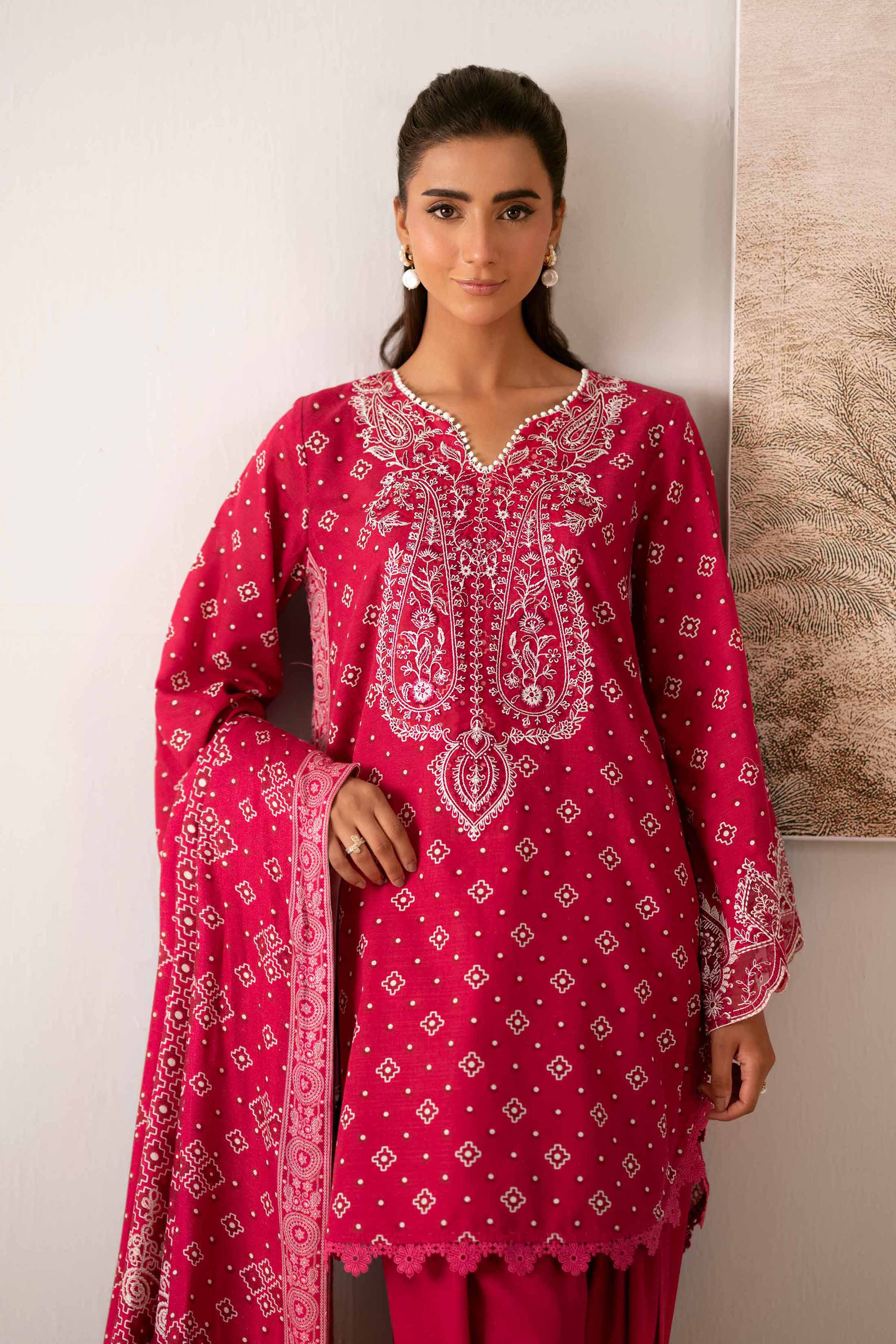 NISHATUAE - Red Embroidered Khaddar 3-piece Unstitched Suit