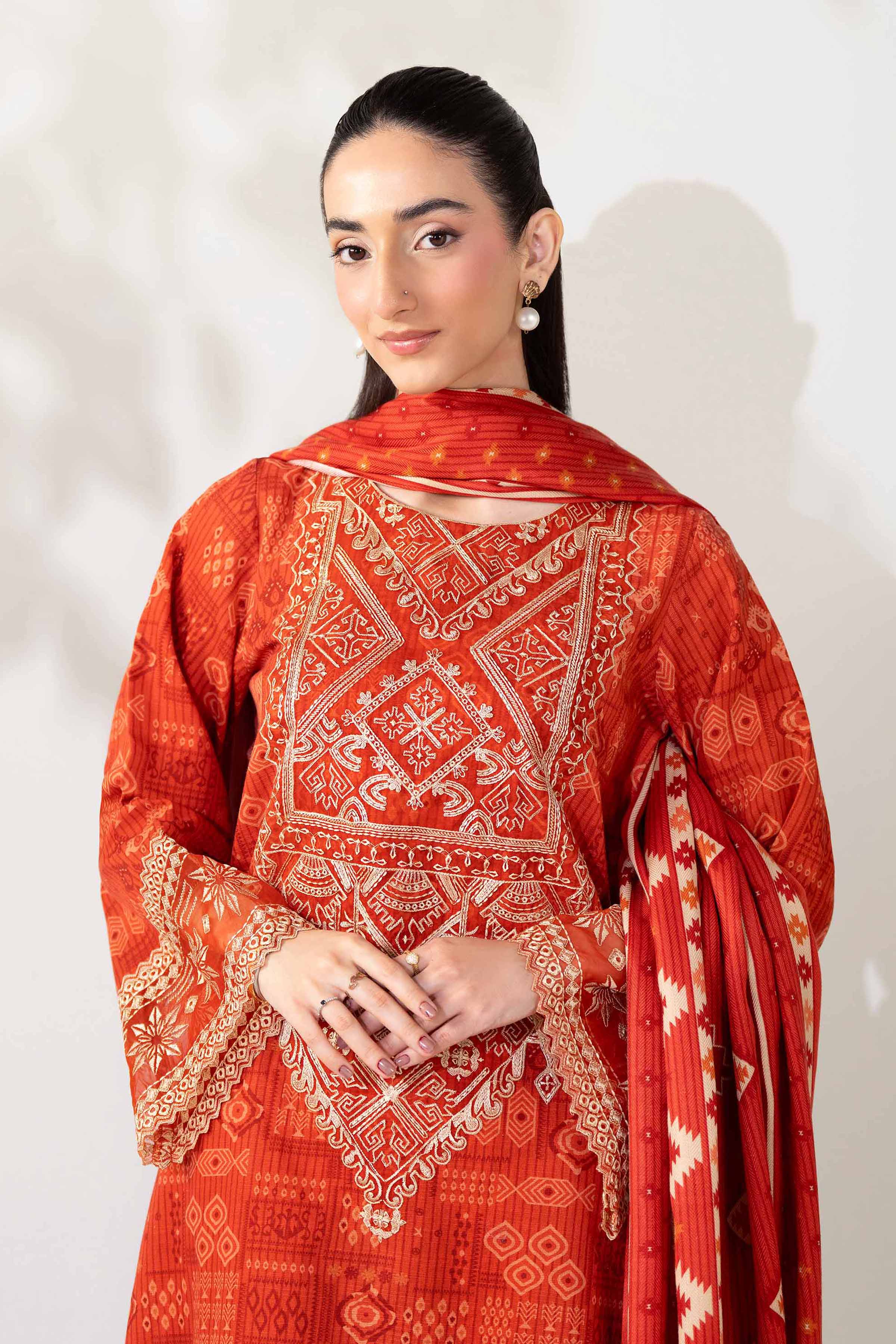NISHATUAE - Rust Embroidered Khaddar 3-piece Unstitched Suit
