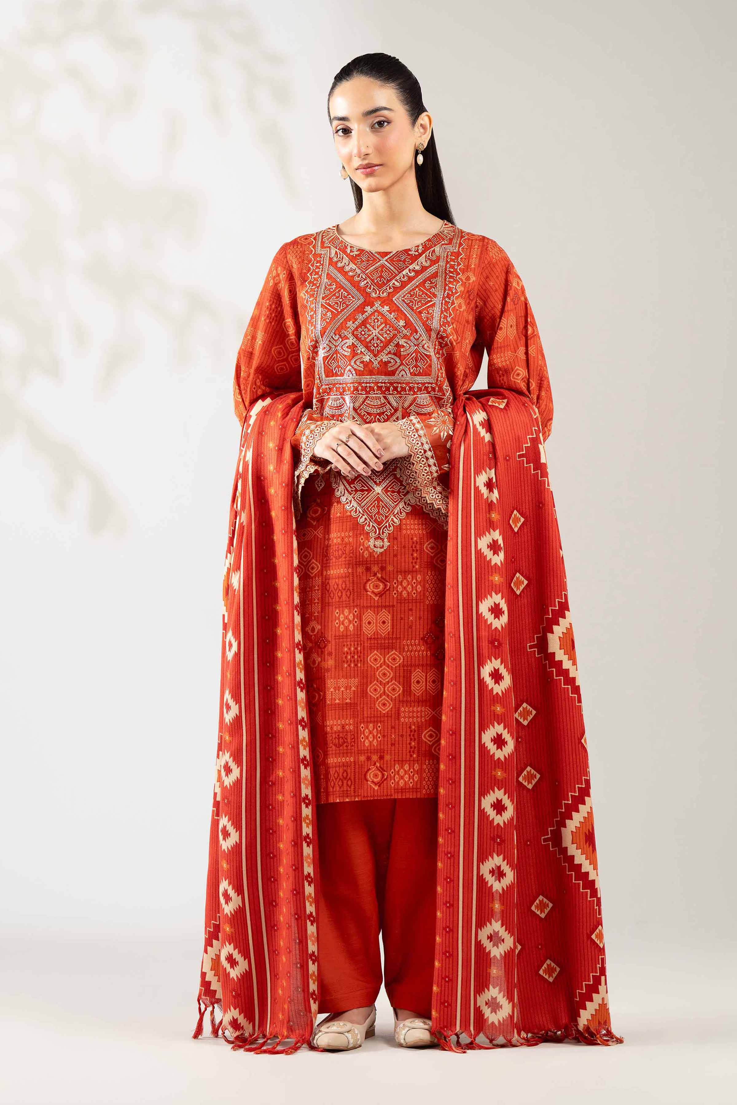 NISHATUAE - Rust Embroidered Khaddar 3-piece Unstitched Suit