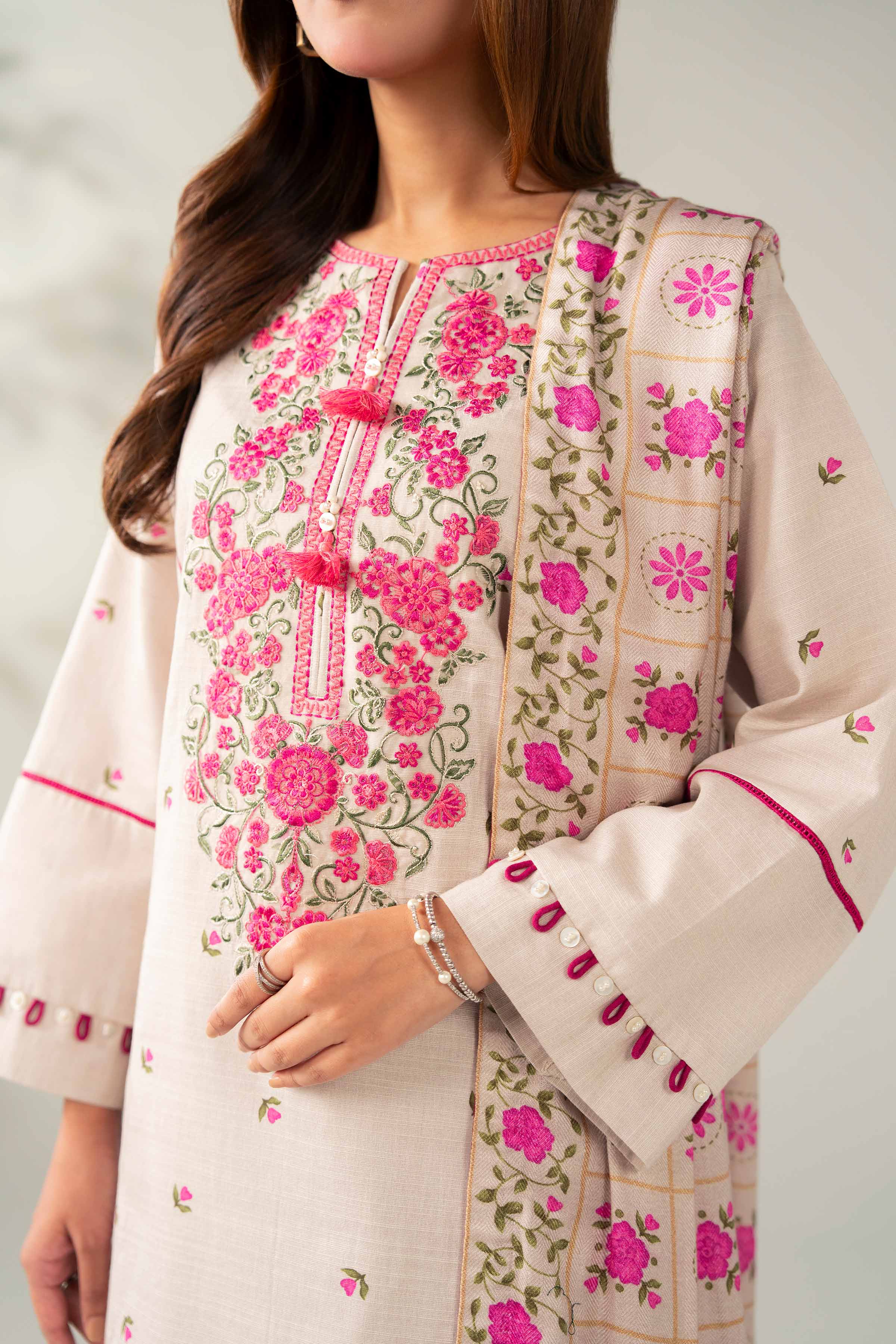 NISHATUAE - Beige Embroidered Khaddar 3-piece Unstitched Suit