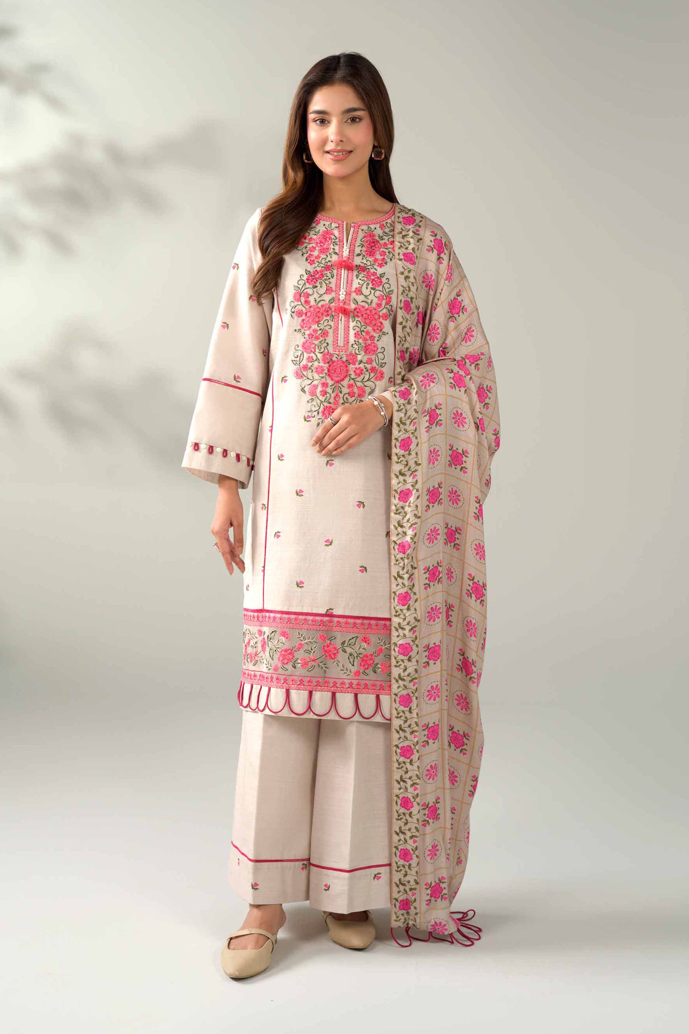 NISHATUAE - Beige Embroidered Khaddar 3-piece Unstitched Suit