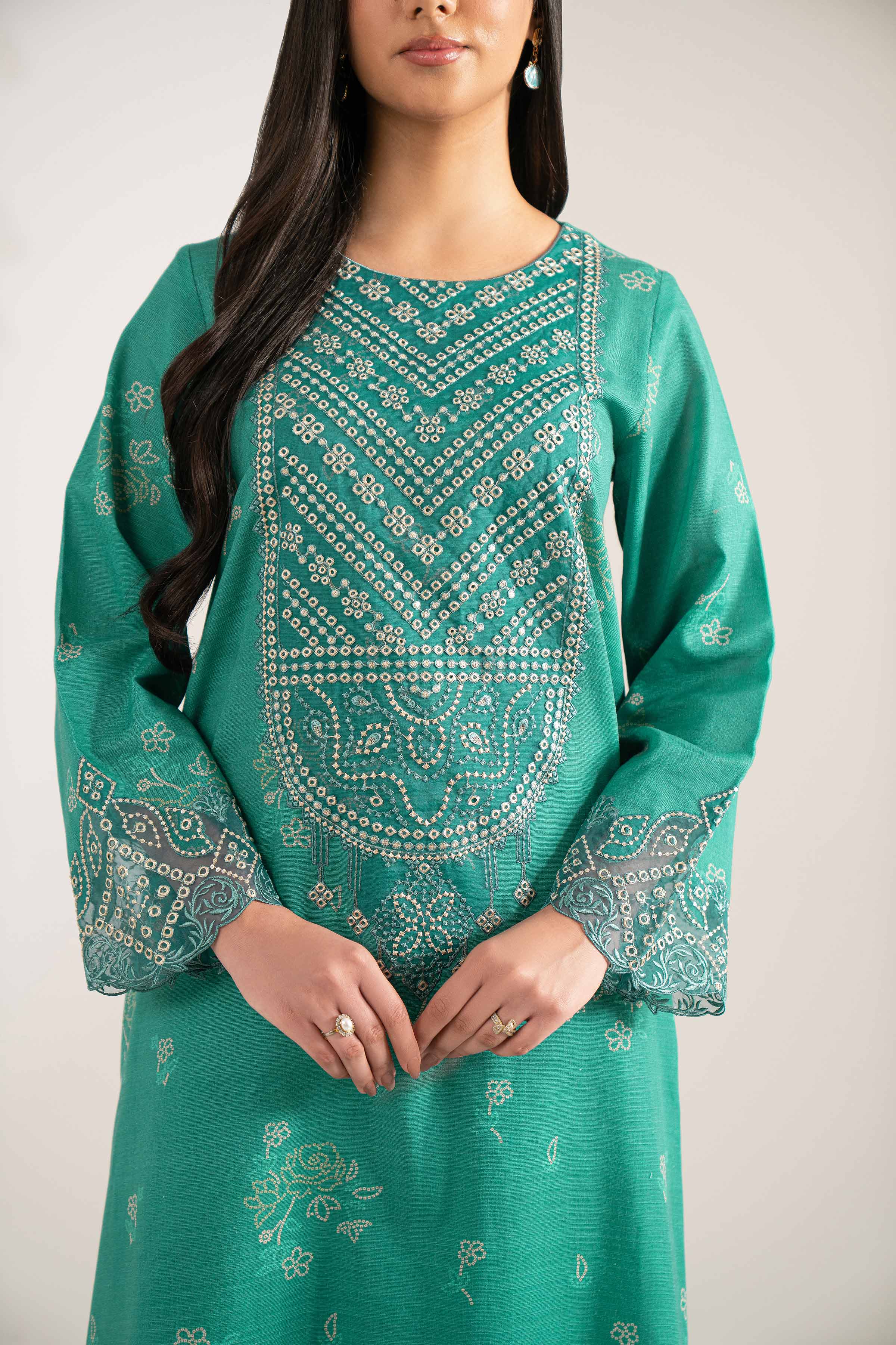 NISHATUAE - Turquoise Embroidered Khaddar 3-piece Unstitched Suit
