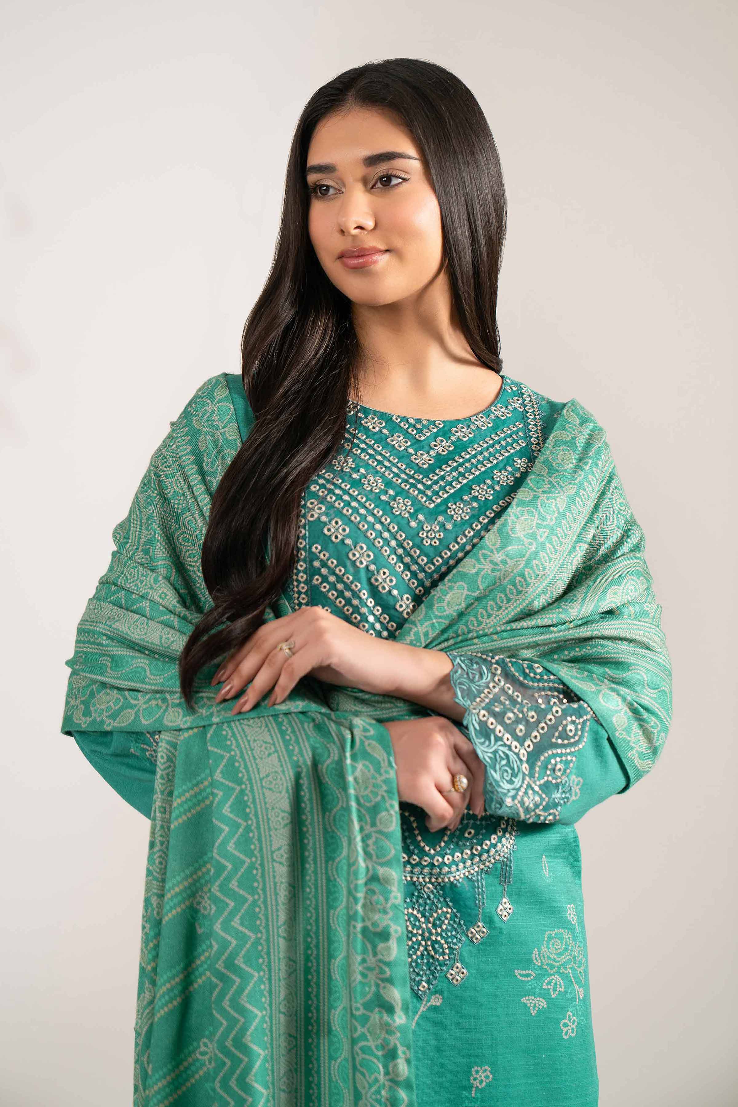 NISHATUAE - Turquoise Embroidered Khaddar 3-piece Unstitched Suit