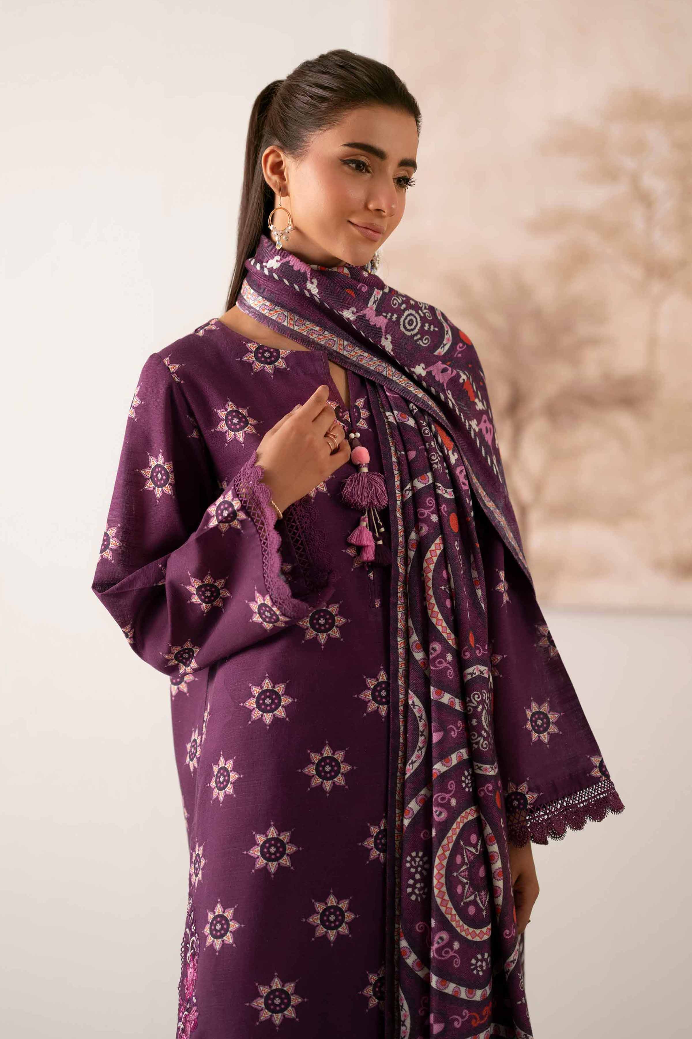 NISHATUAE - Plum Embroidered Khaddar 3-piece Unstitched Suit