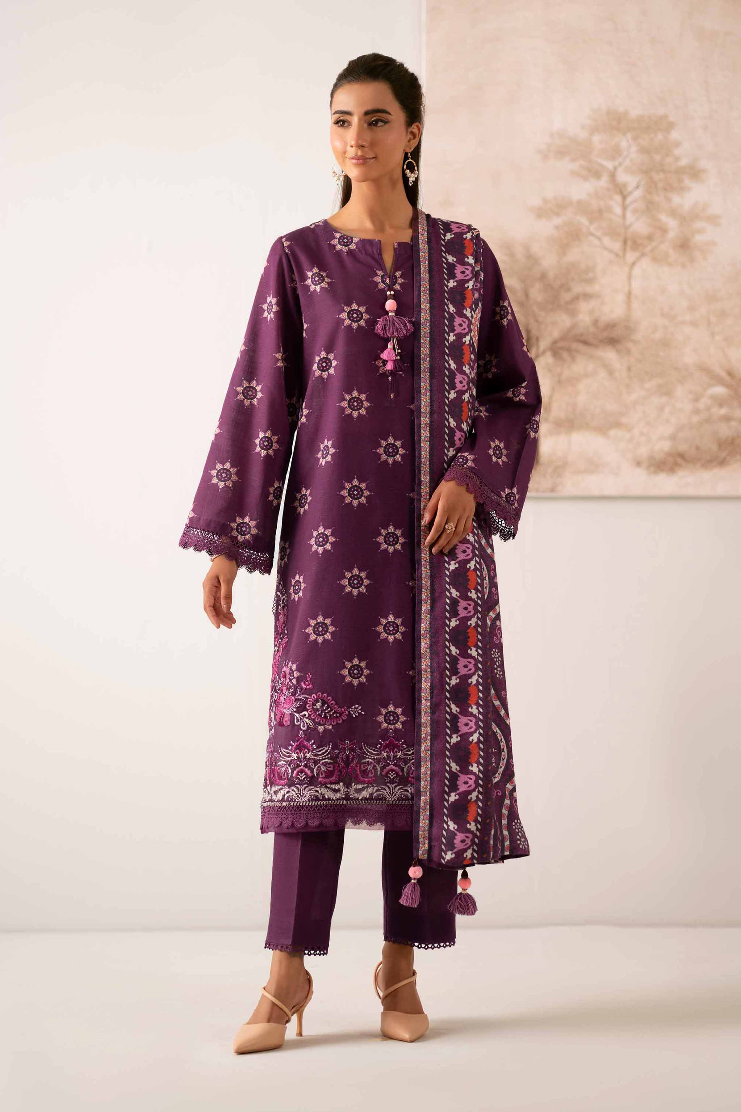 NISHATUAE - Plum Embroidered Khaddar 3-piece Unstitched Suit