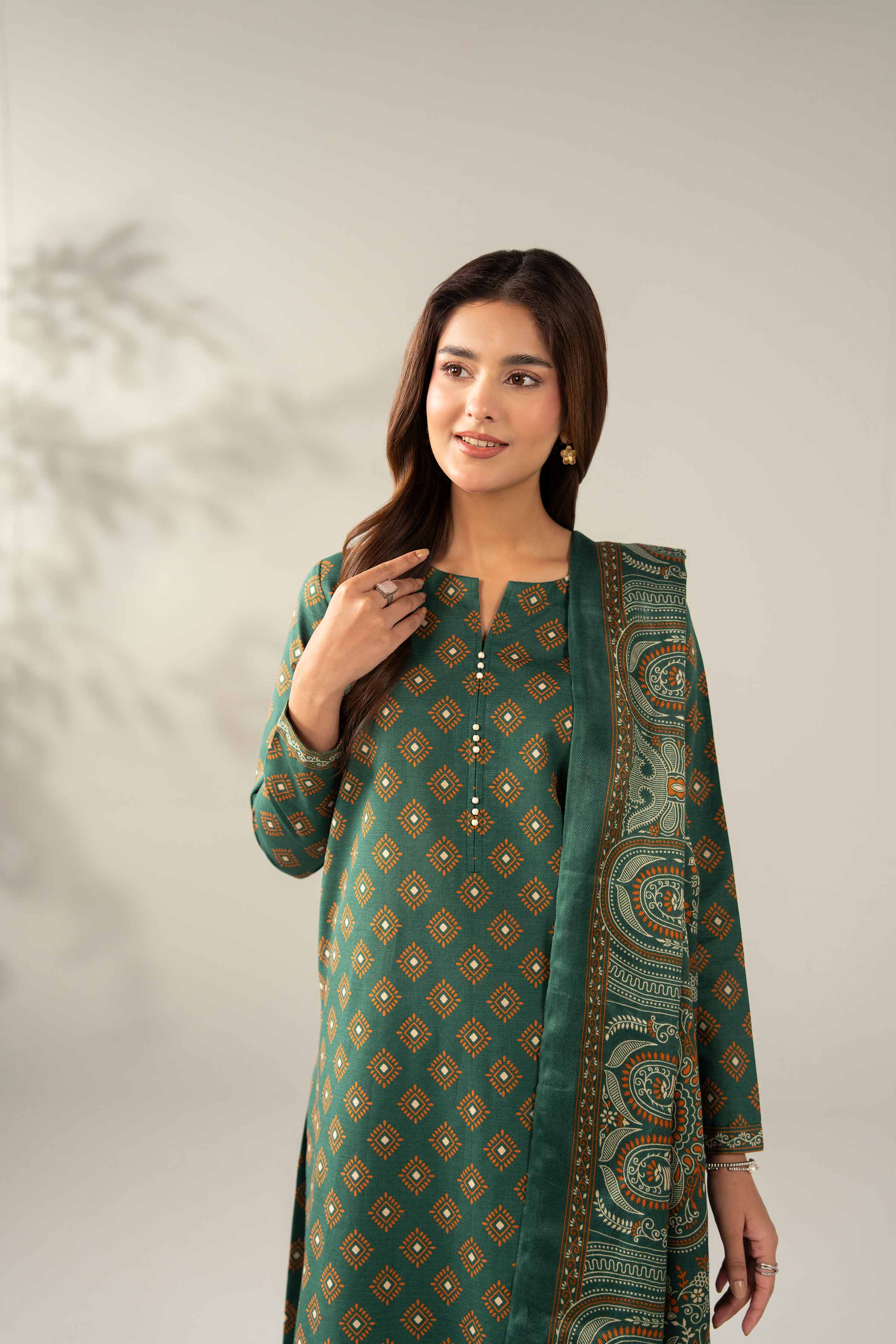 NISHATUAE - Green Embroidered Khaddar 3-piece Unstitched Suit