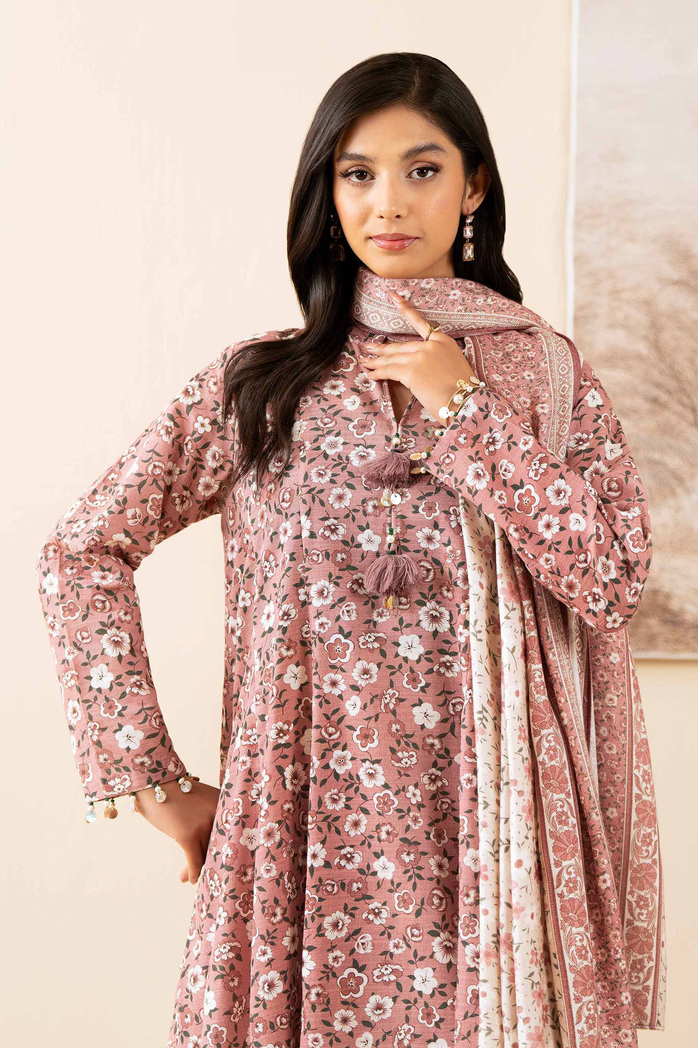 NISHATUAE - Pink Printed Khaddar 3-piece Unstitched Suit