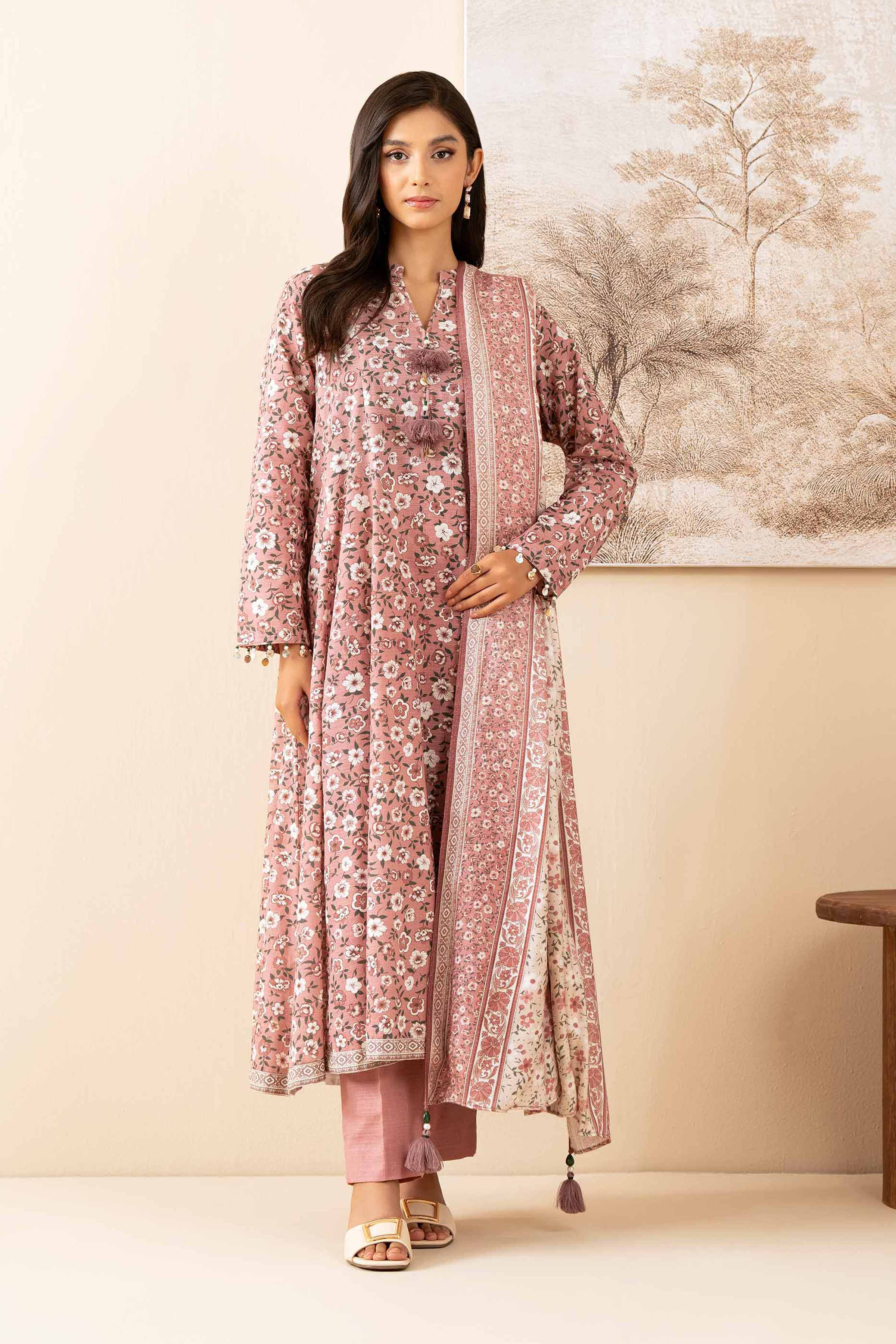 NISHATUAE - Pink Printed Khaddar 3-piece Unstitched Suit