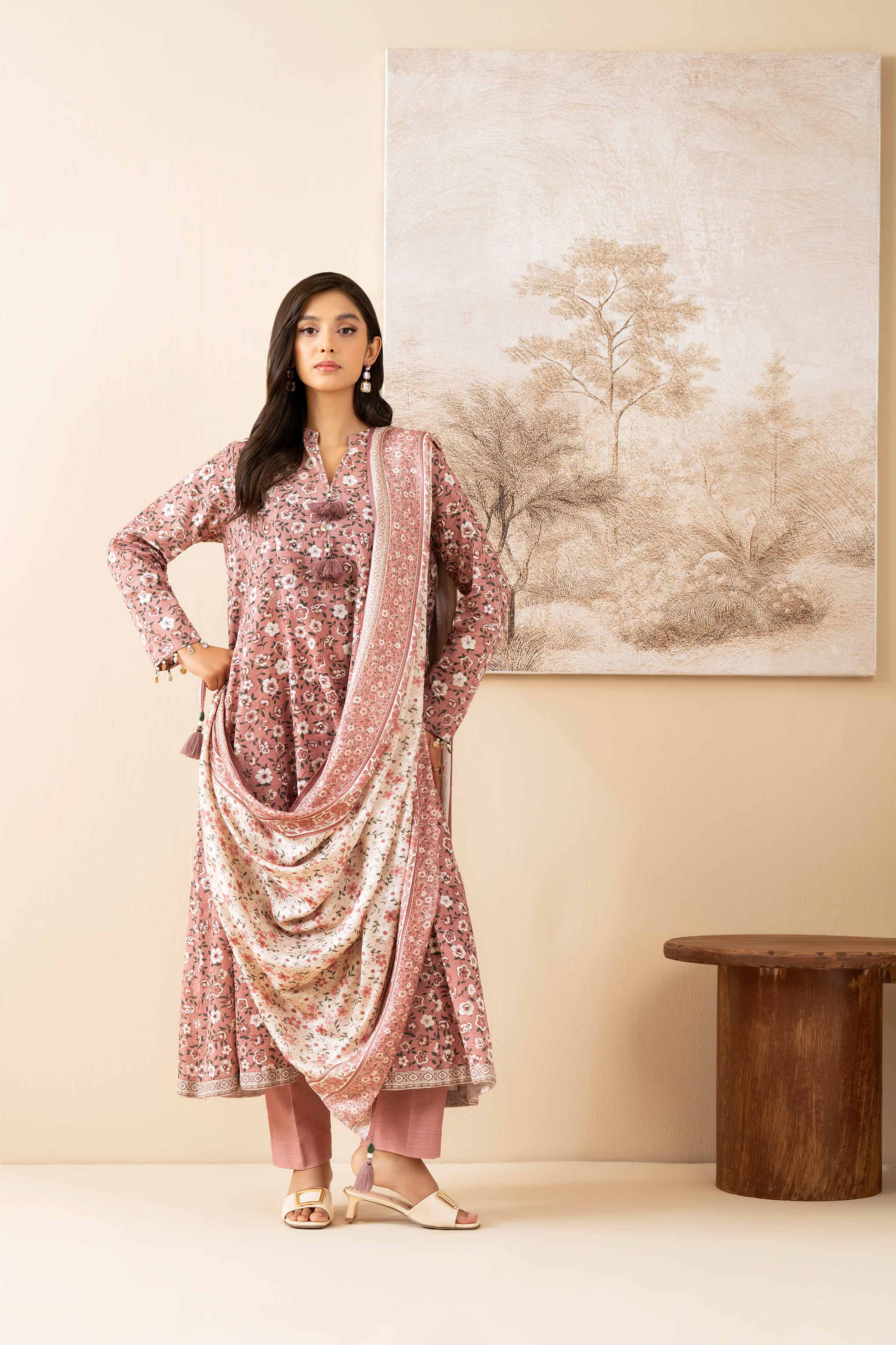 NISHATUAE - Pink Printed Khaddar 3-piece Unstitched Suit