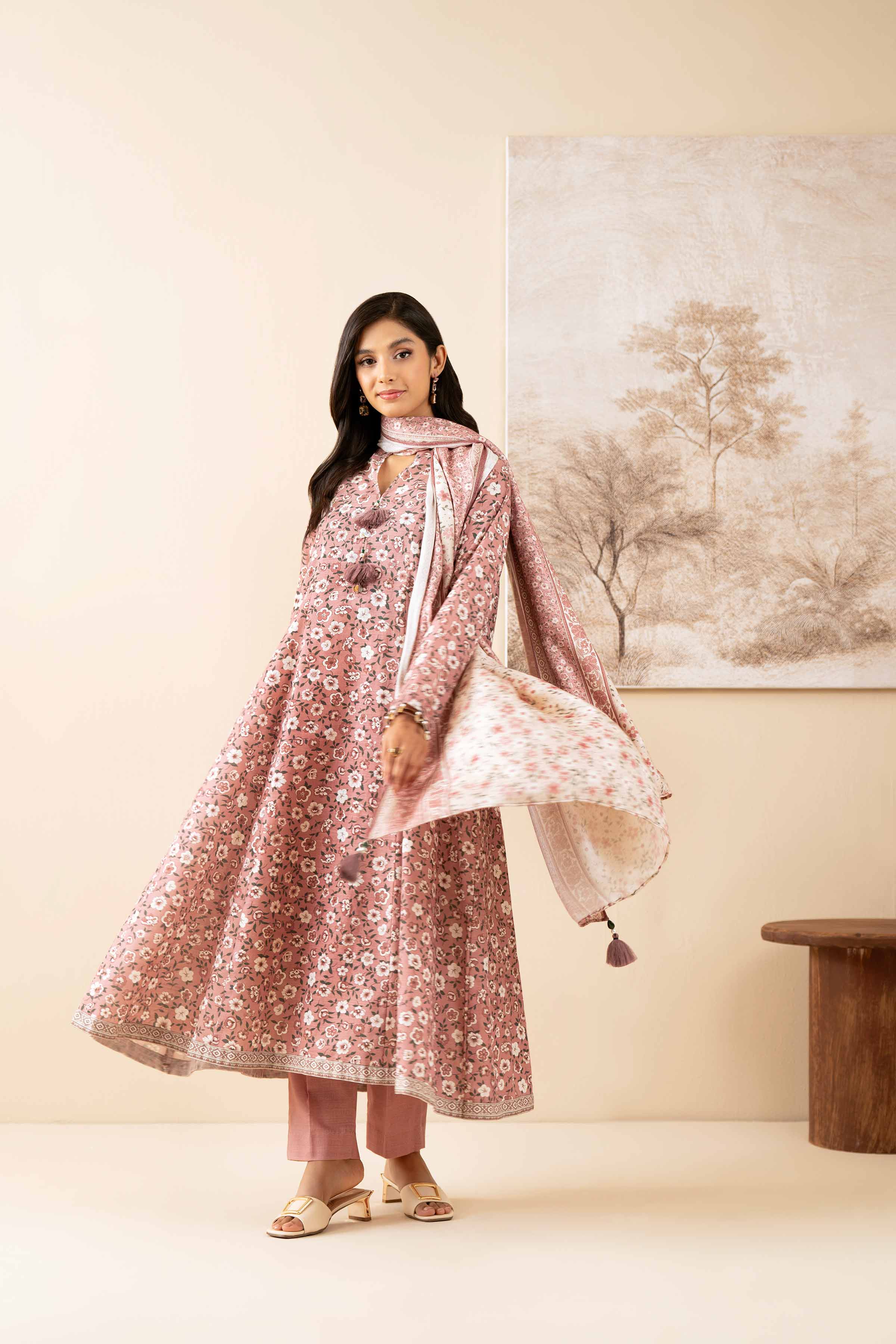 NISHATUAE - Pink Printed Khaddar 3-piece Unstitched Suit