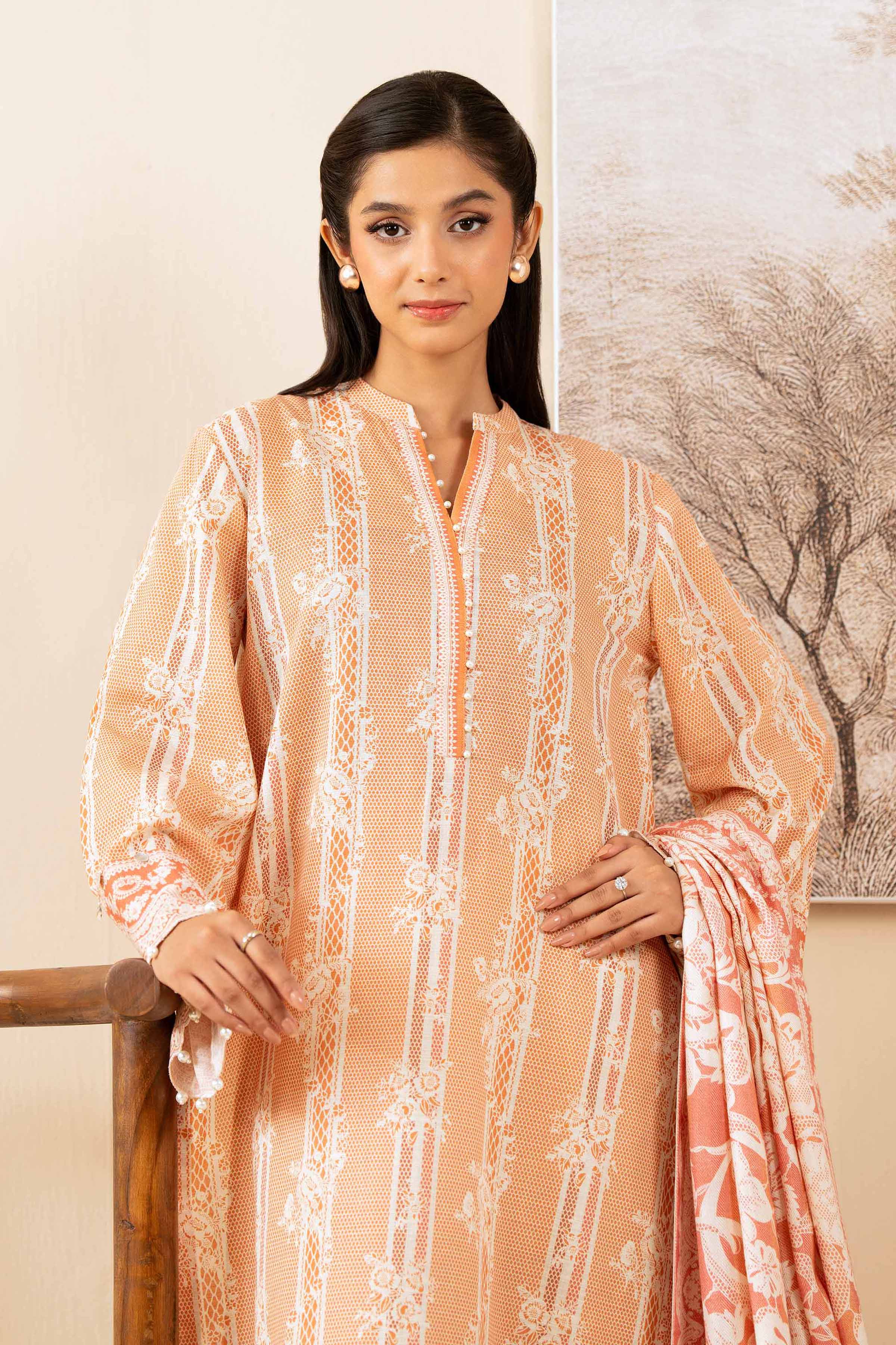 NISHATUAE - Peach Printed Khaddar 3-piece Unstitched Suit