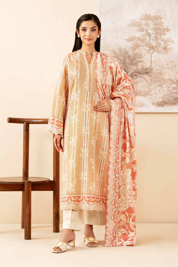 NISHATUAE - Peach Printed Khaddar 3-piece Unstitched Suit