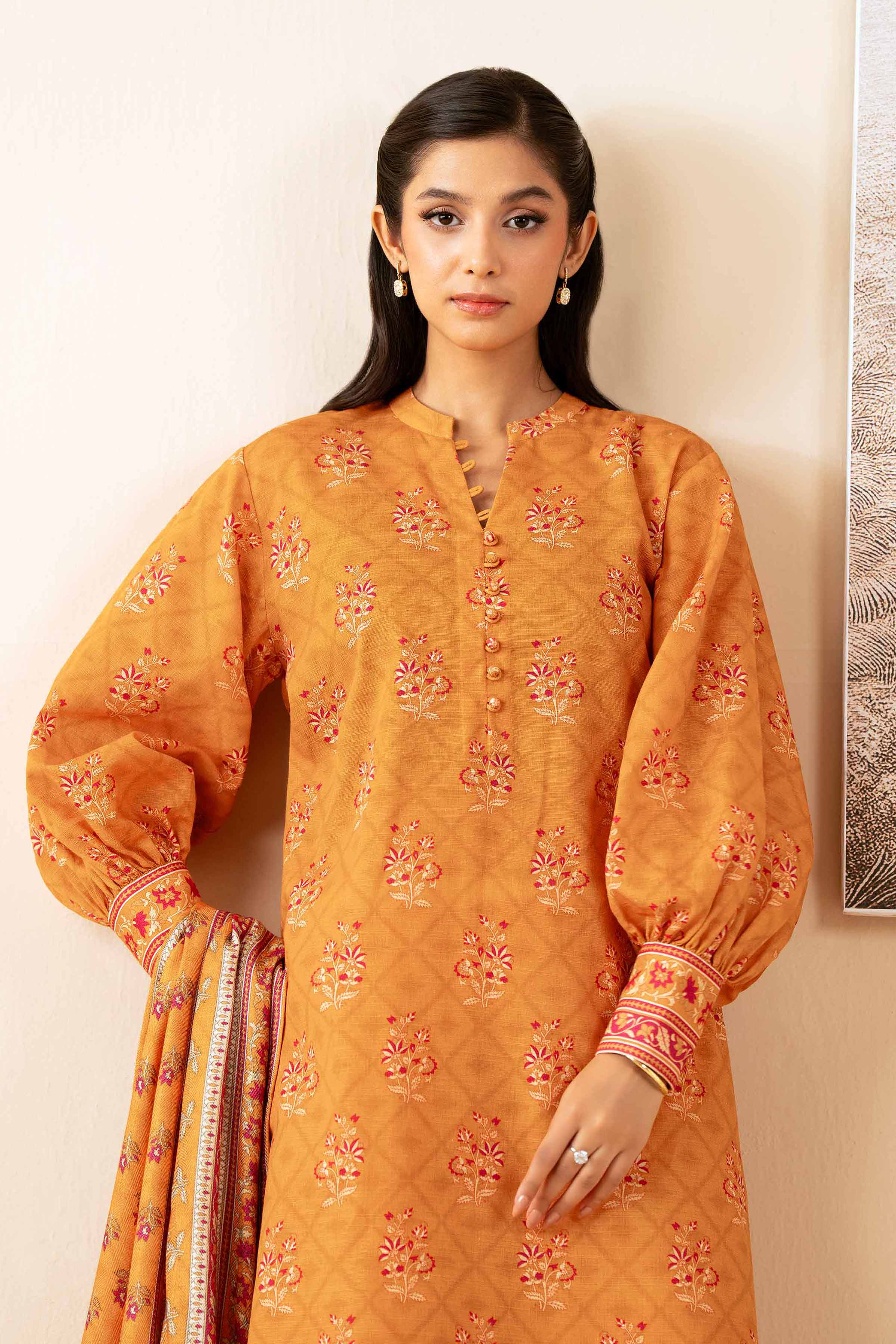 NISHATUAE - Orange Printed Khaddar 3-piece Unstitched Suit