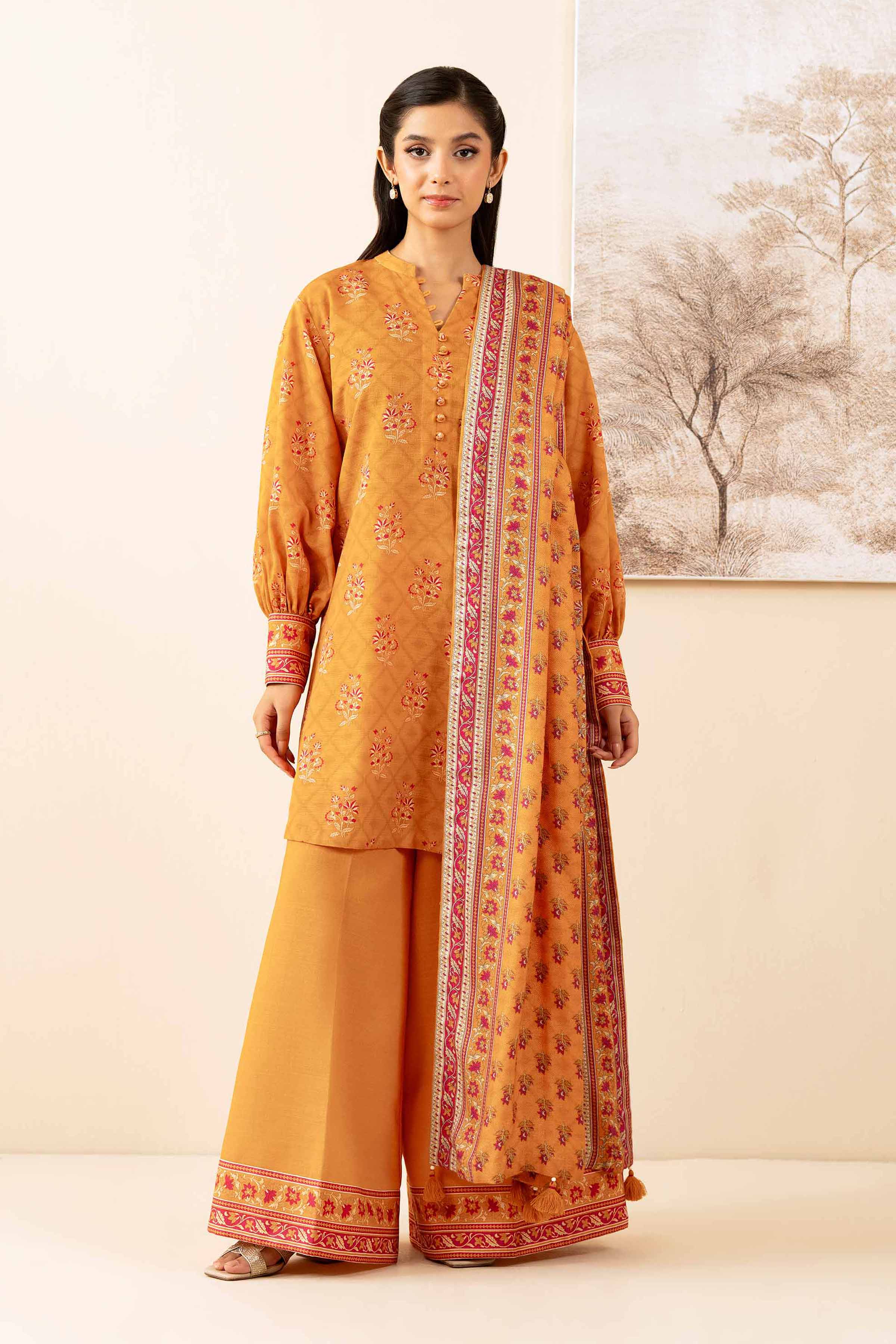 NISHATUAE - Orange Printed Khaddar 3-piece Unstitched Suit