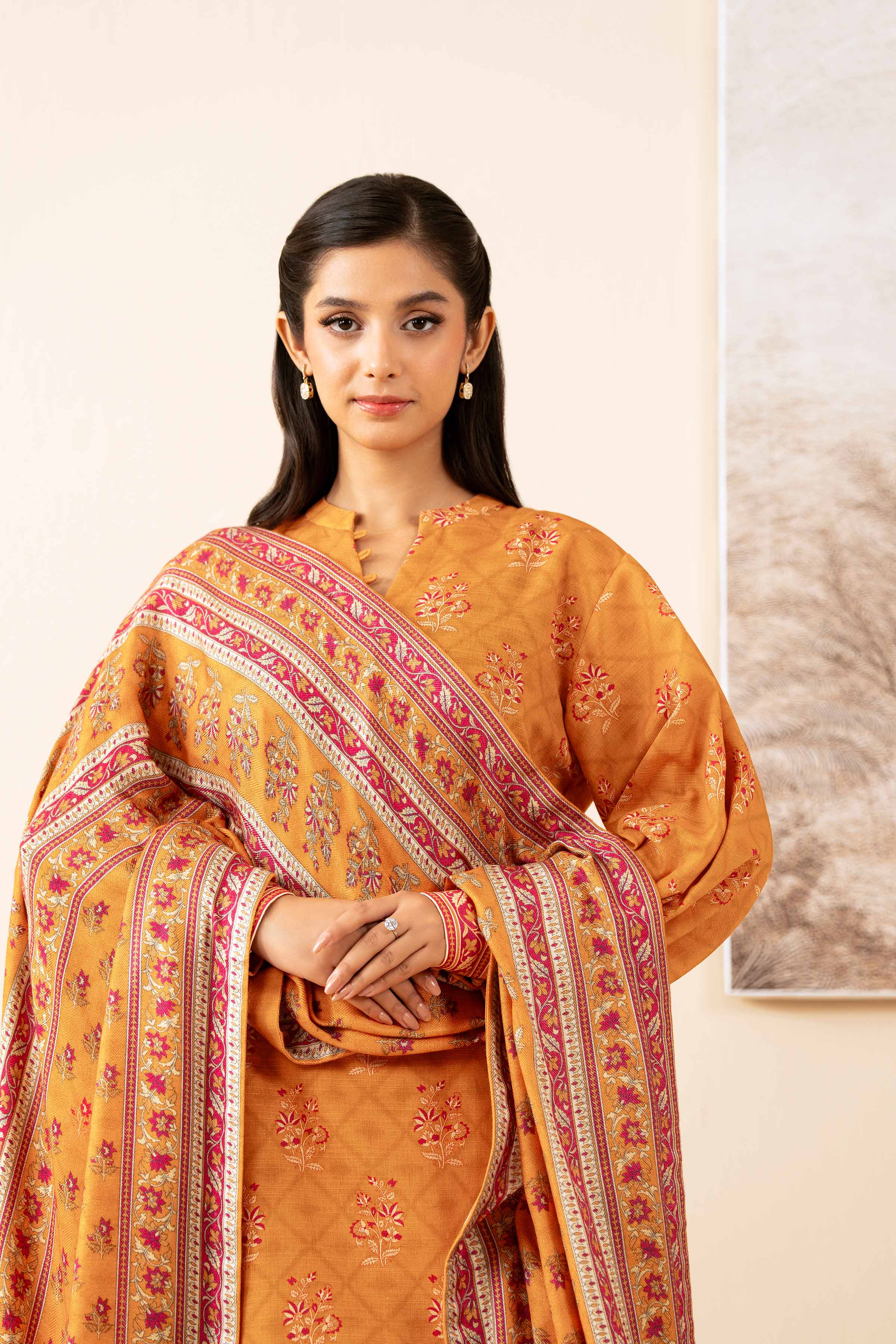 NISHATUAE - Orange Printed Khaddar 3-piece Unstitched Suit