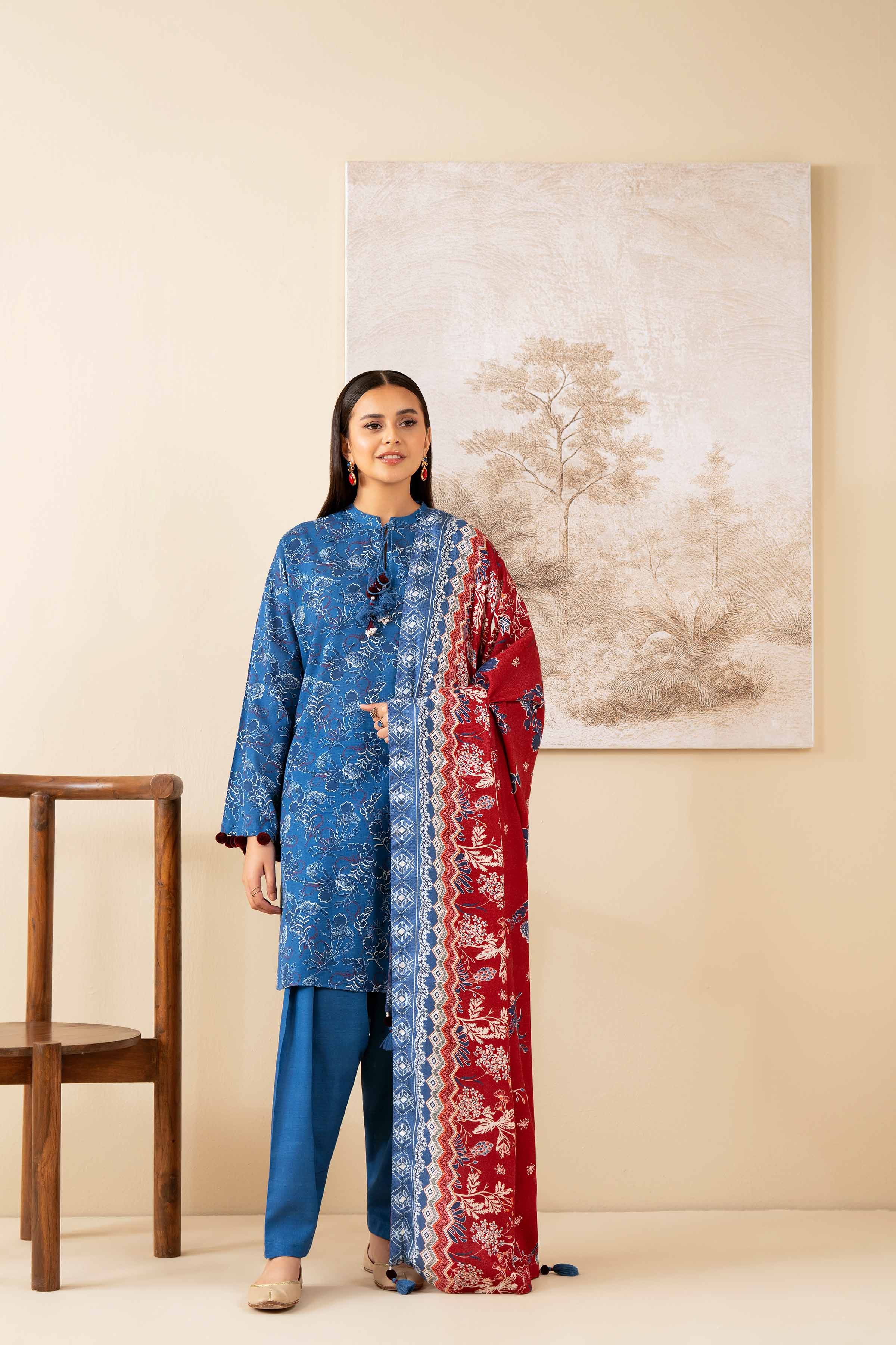 NISHATUAE - Blue Printed Khaddar 3-piece Unstitched Suit