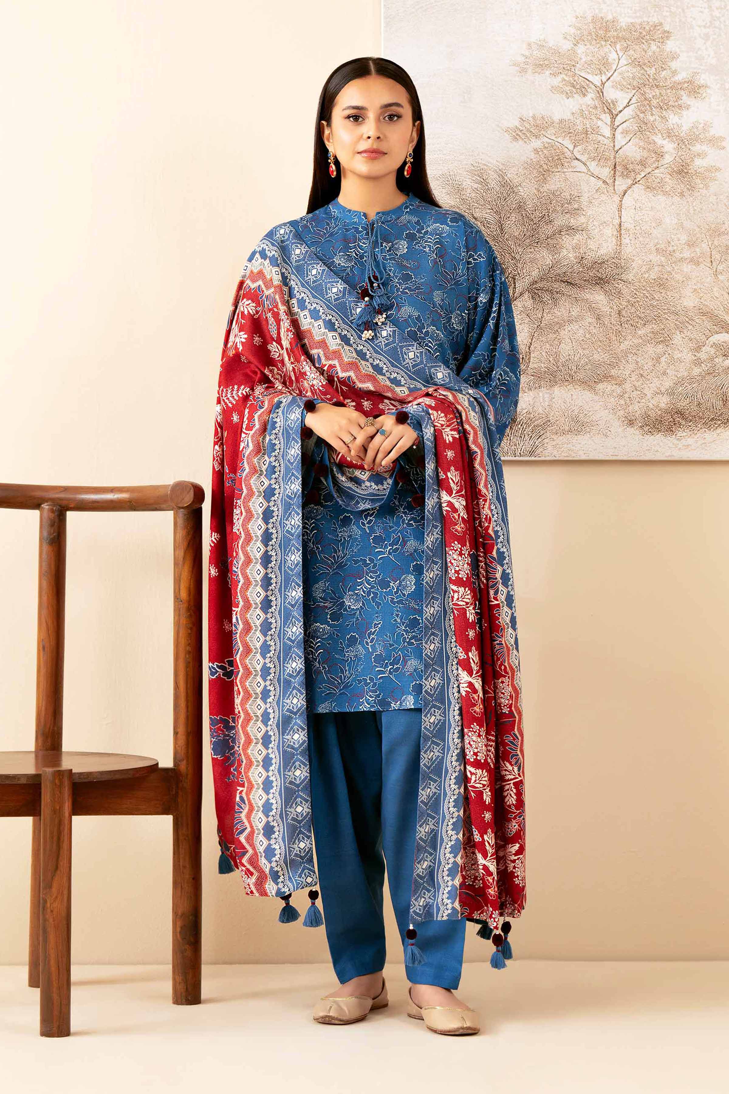 NISHATUAE - Blue Printed Khaddar 3-piece Unstitched Suit