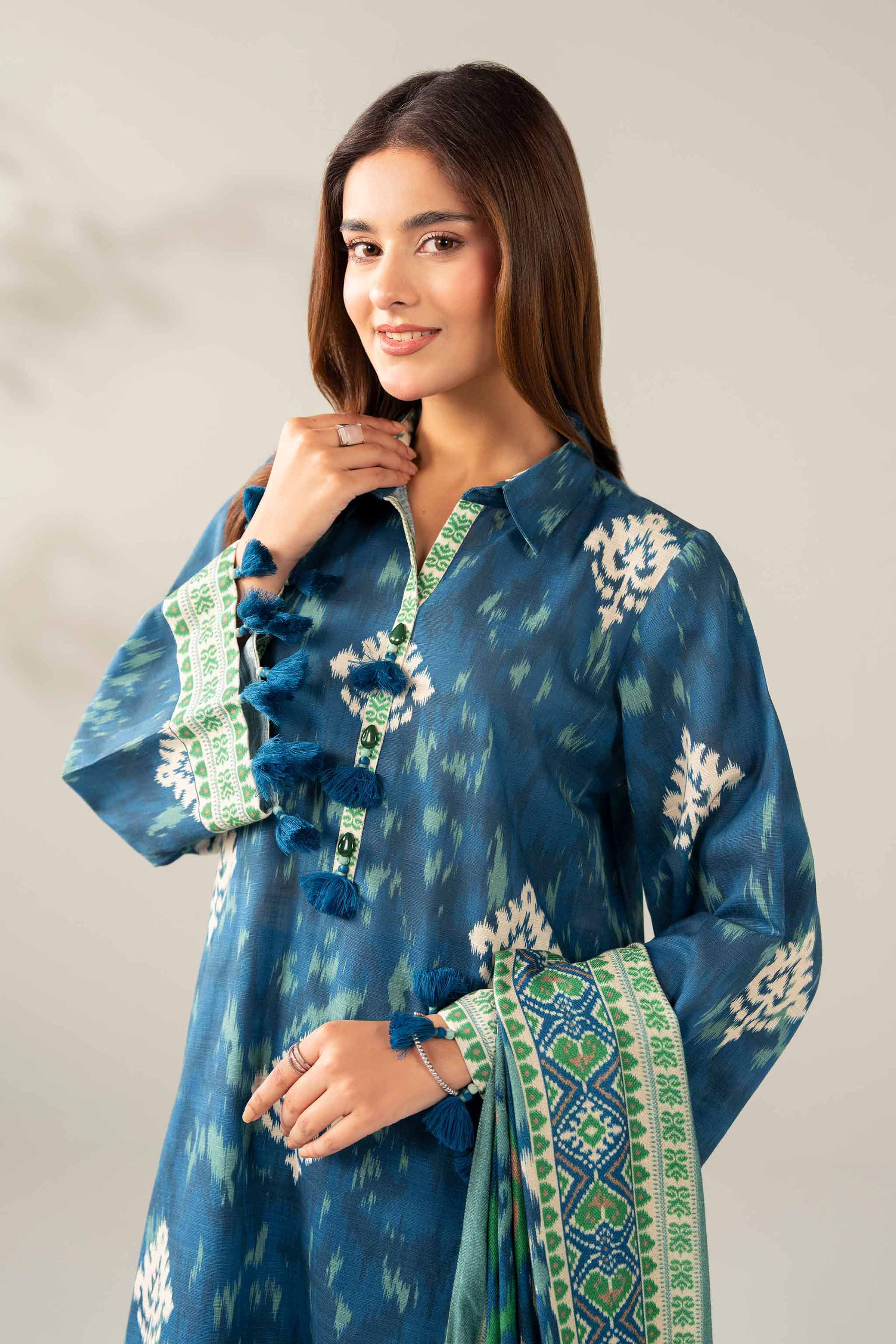 NISHATUAE - Blue Printed Khaddar 3-piece Unstitched Suit