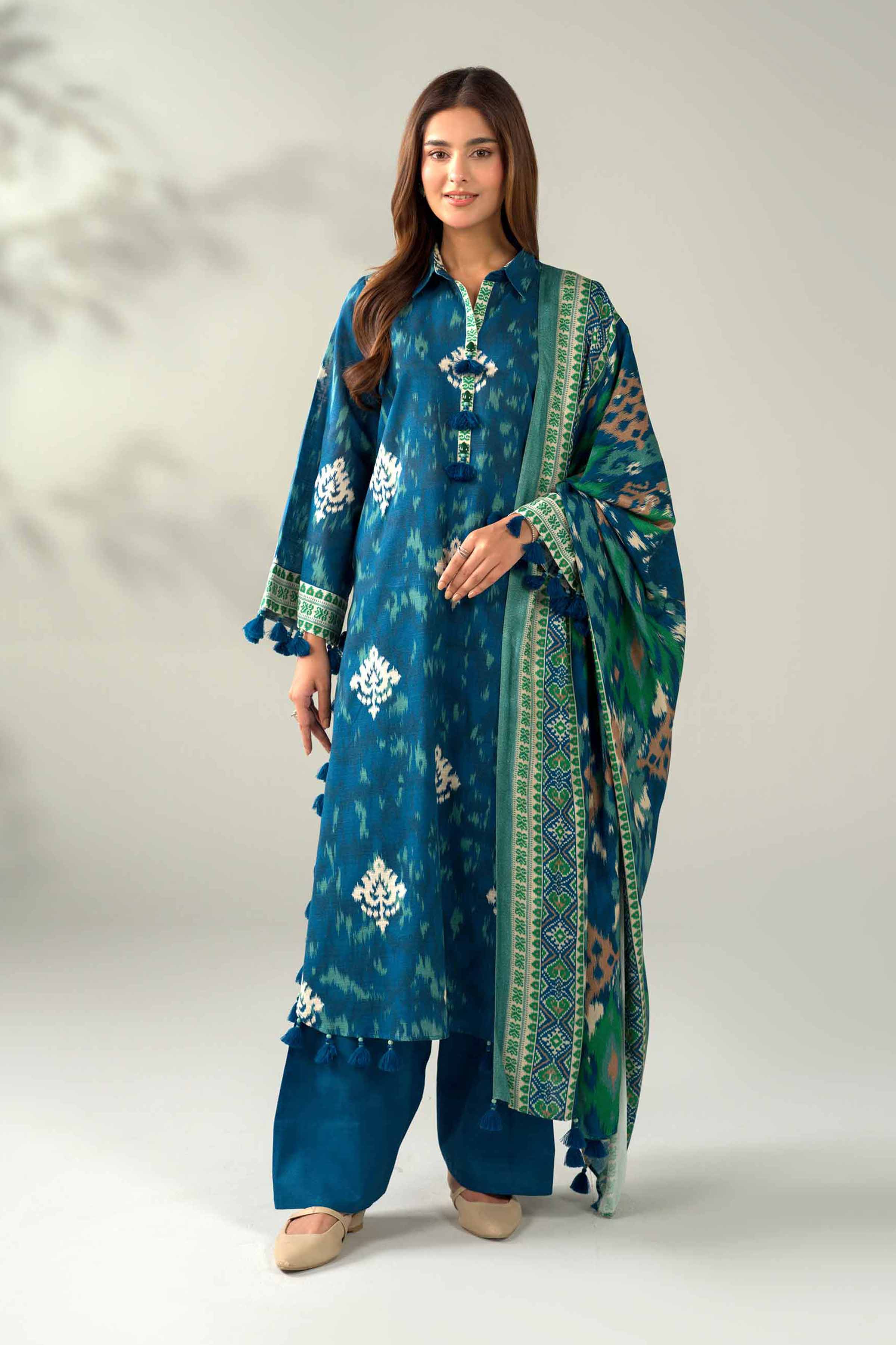 NISHATUAE - Blue Printed Khaddar 3-piece Unstitched Suit