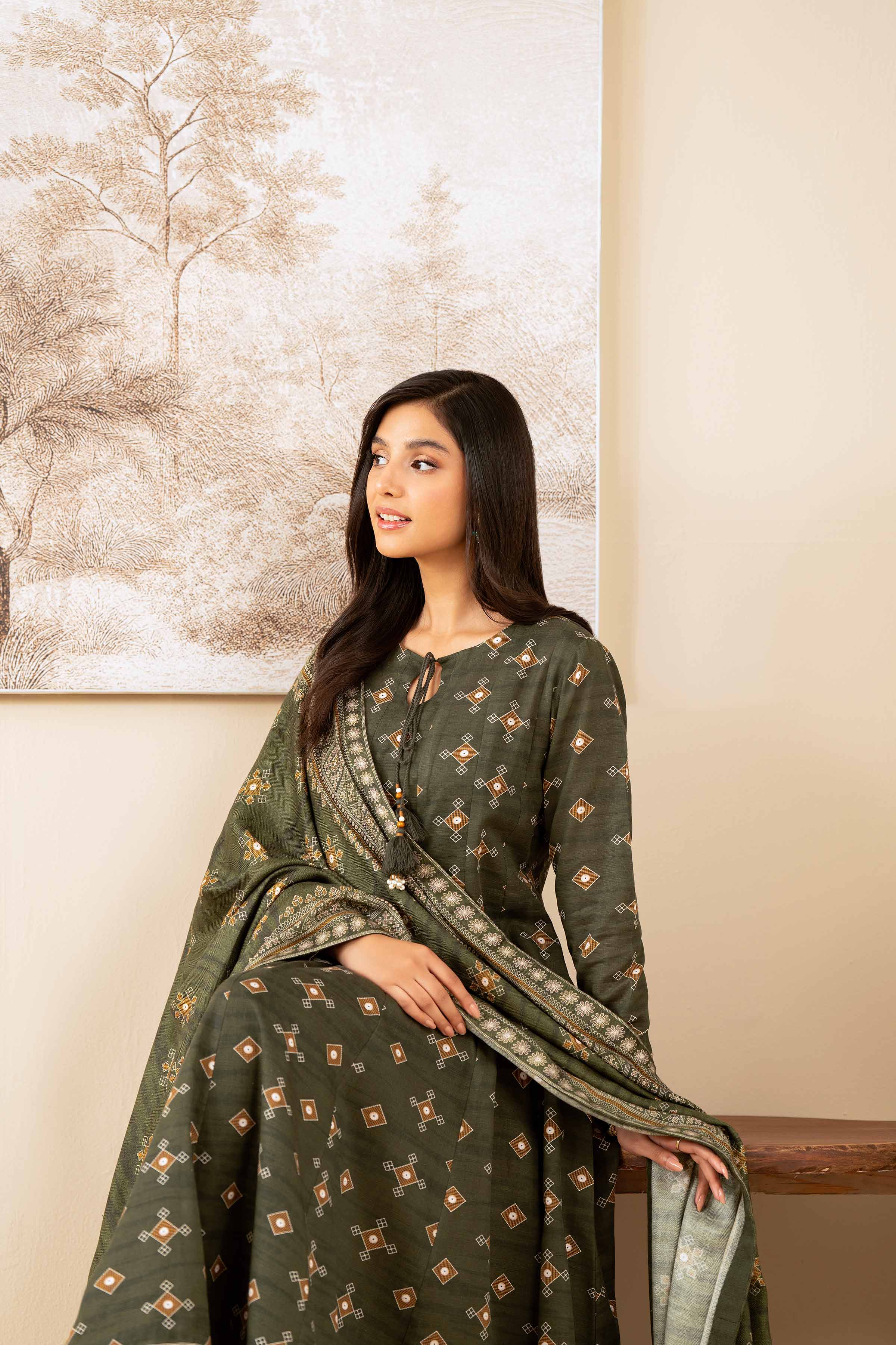 NISHATUAE - Green Printed Khaddar 3-piece Unstitched Suit