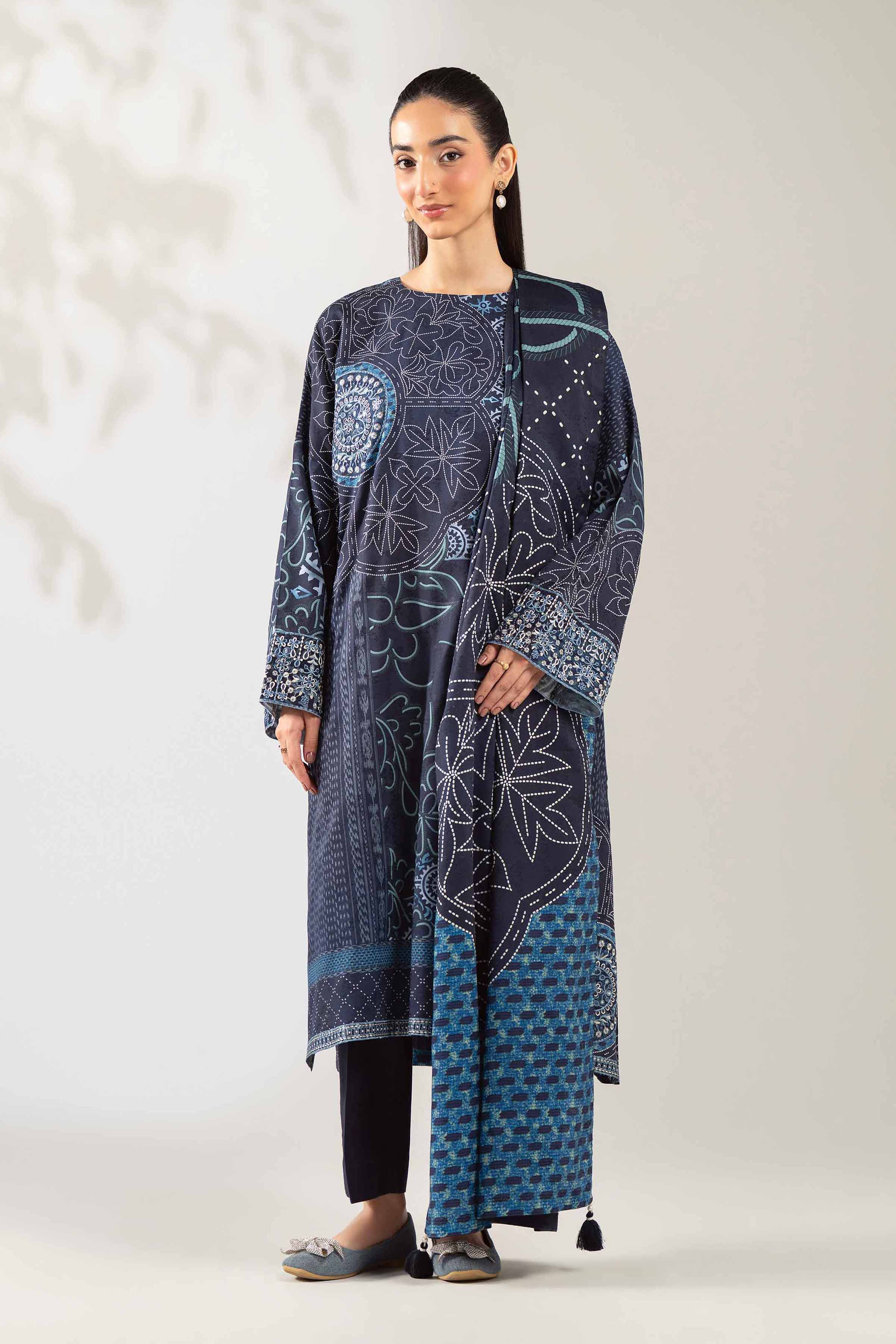NISHATUAE - Blue Embroidered Jacquard 3-piece Unstitched Suit