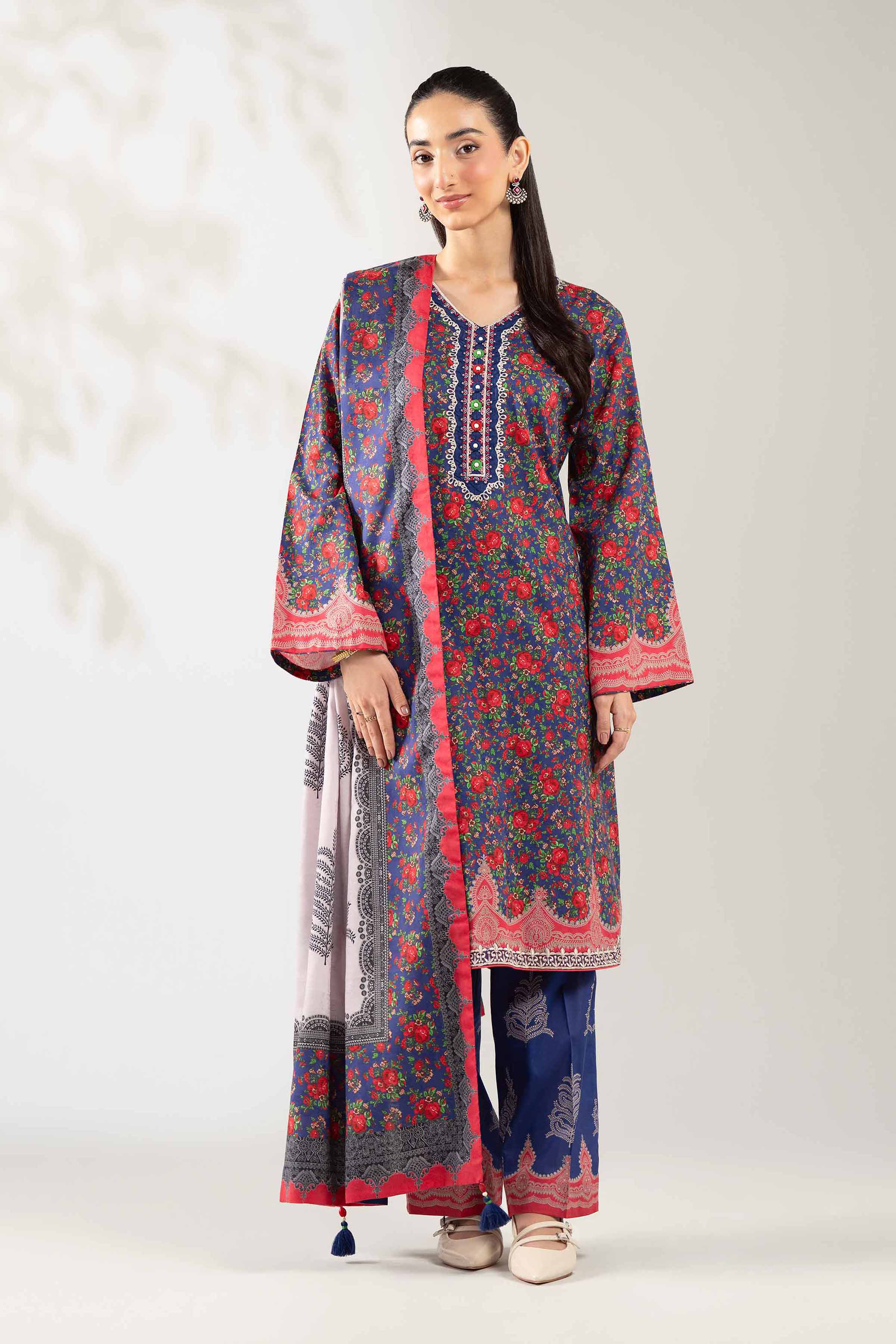 NISHATUAE - Blue Embroidered Jacquard 3-piece Unstitched Suit
