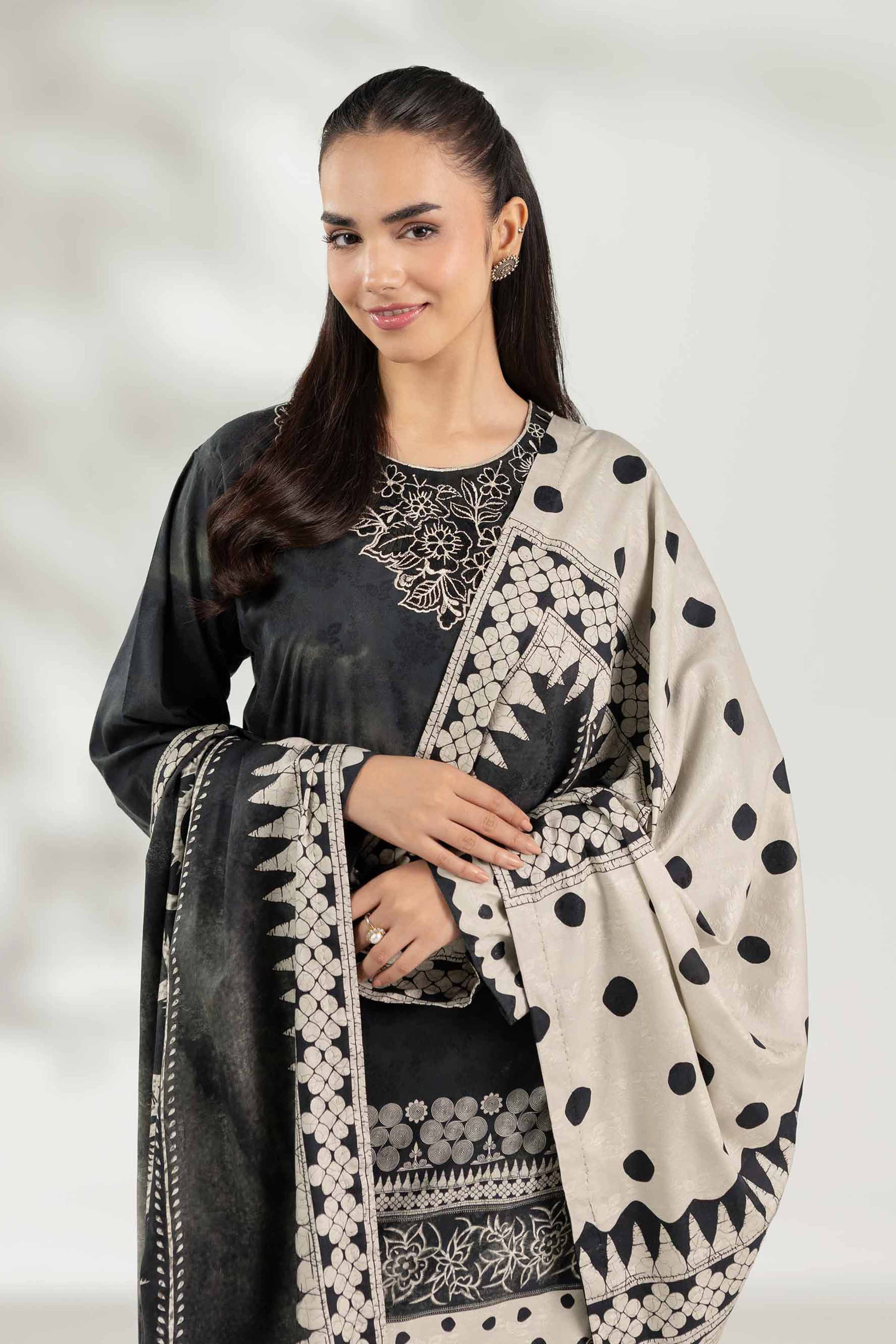 NISHATUAE - Black Embroidered Jacquard 3-piece Unstitched Suit