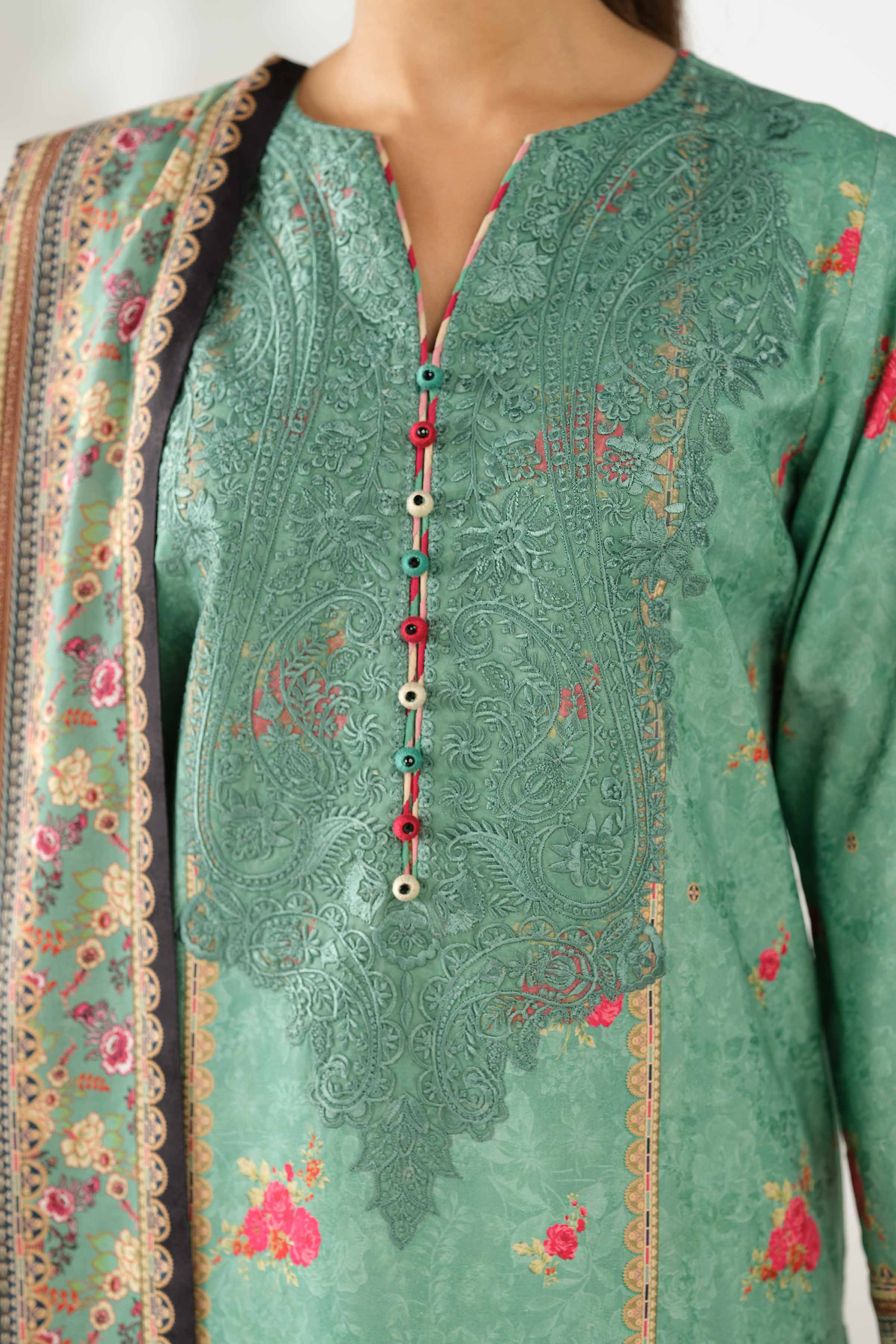NISHATUAE - Green Embroidered Jacquard 3-piece Unstitched Suit