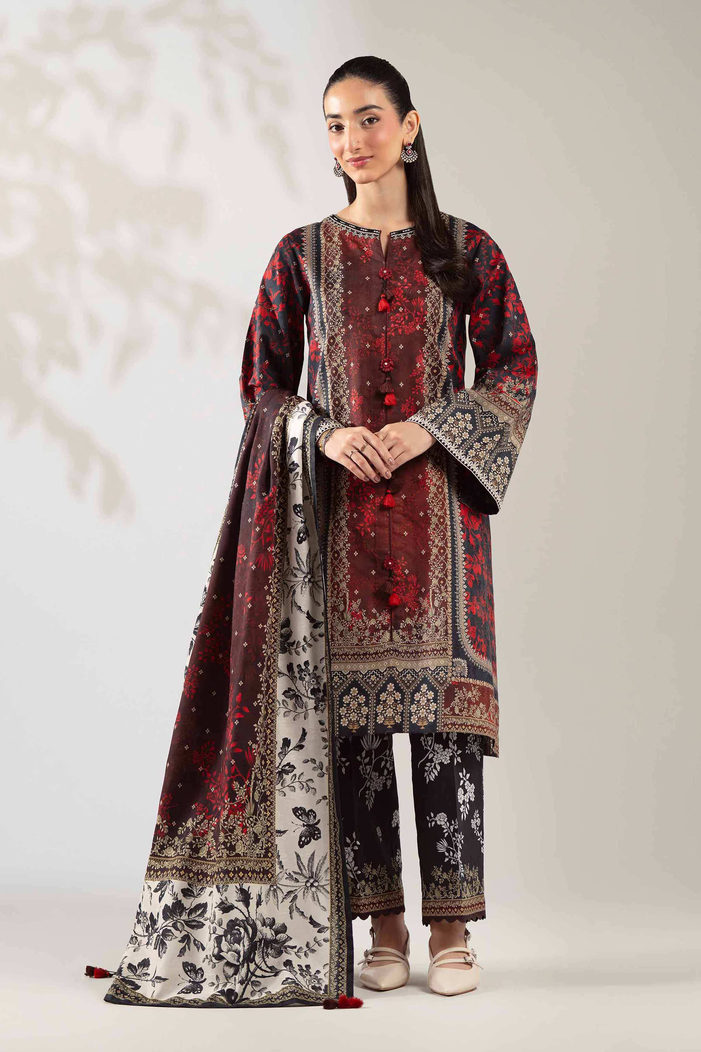 NISHATUAE - Maroon Embroidered Jacquard 3-piece Unstitched Suit