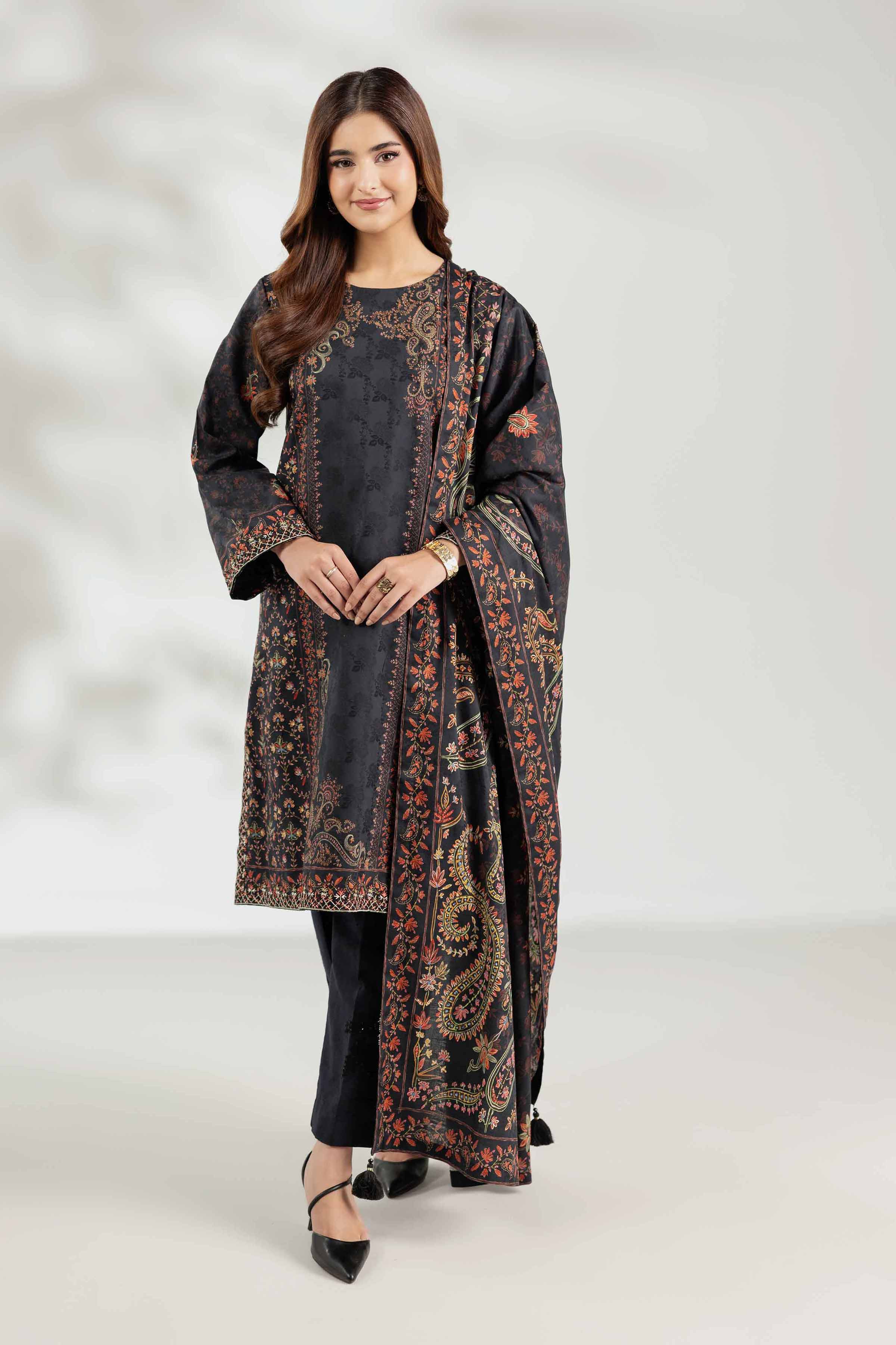 NISHATUAE - Black Embroidered Jacquard 3-piece Unstitched Suit