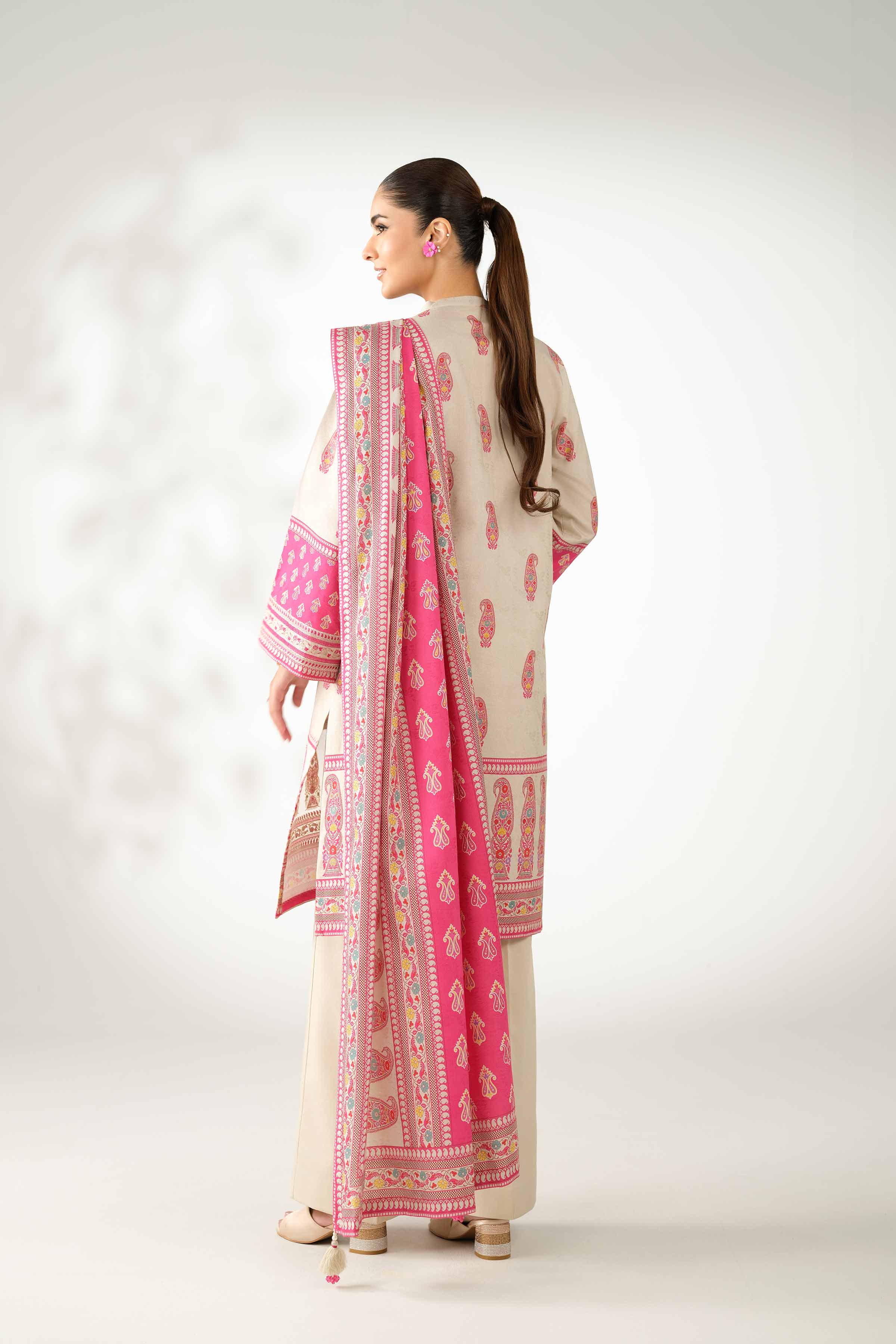 NISHATUAE - Beige Embroidered Jacquard 3-piece Unstitched Suit