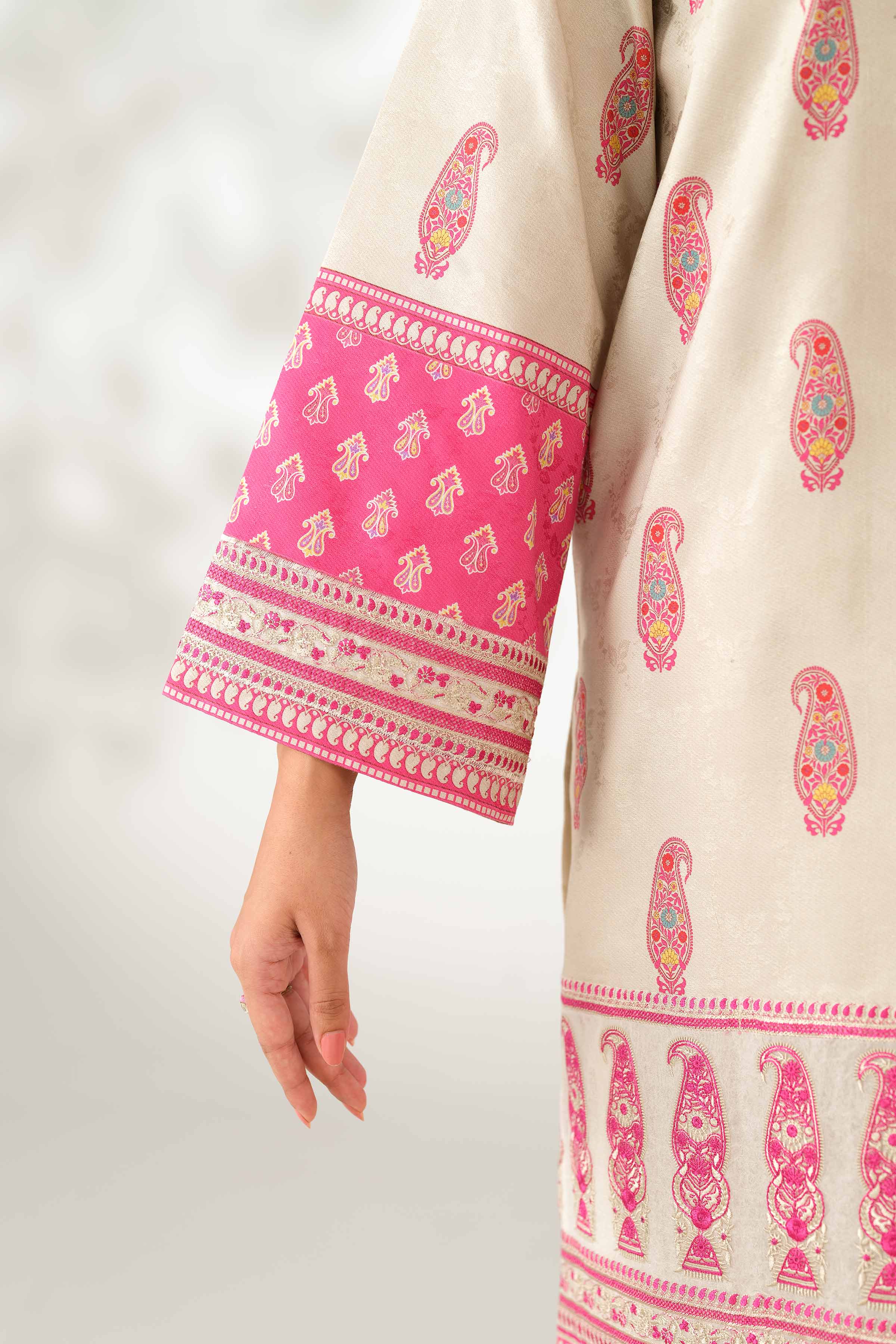 NISHATUAE - Beige Embroidered Jacquard 3-piece Unstitched Suit