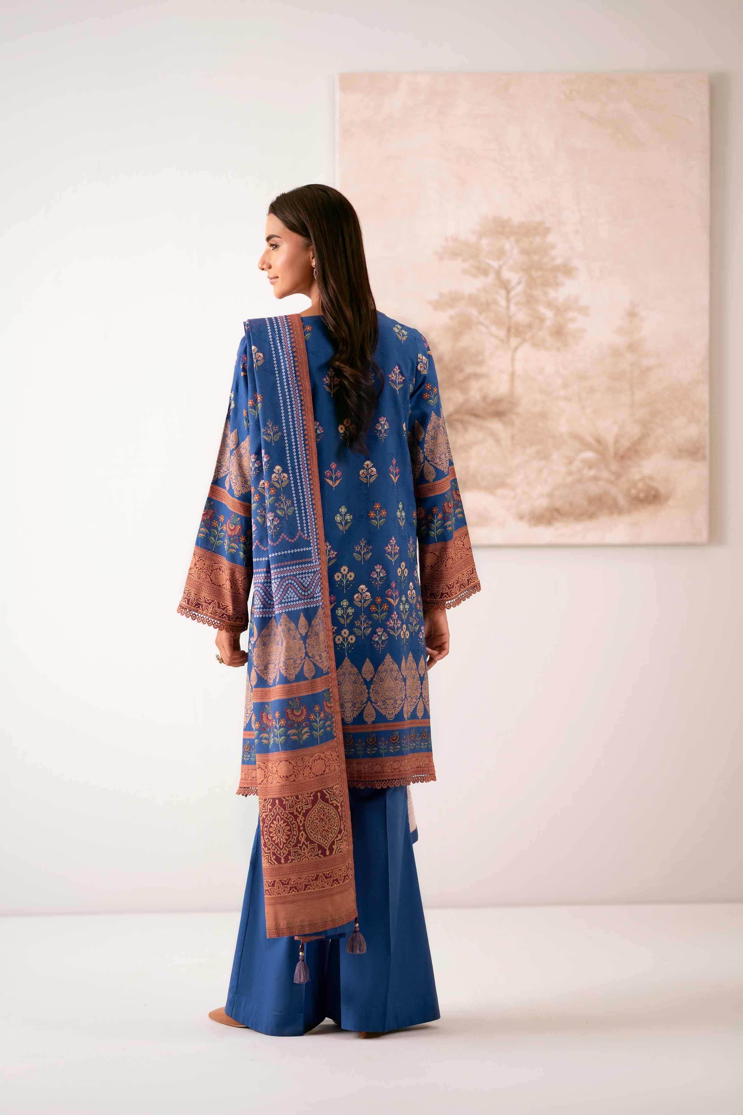 NISHATUAE - Blue Printed Jacquard 3-piece Unstitched Suit