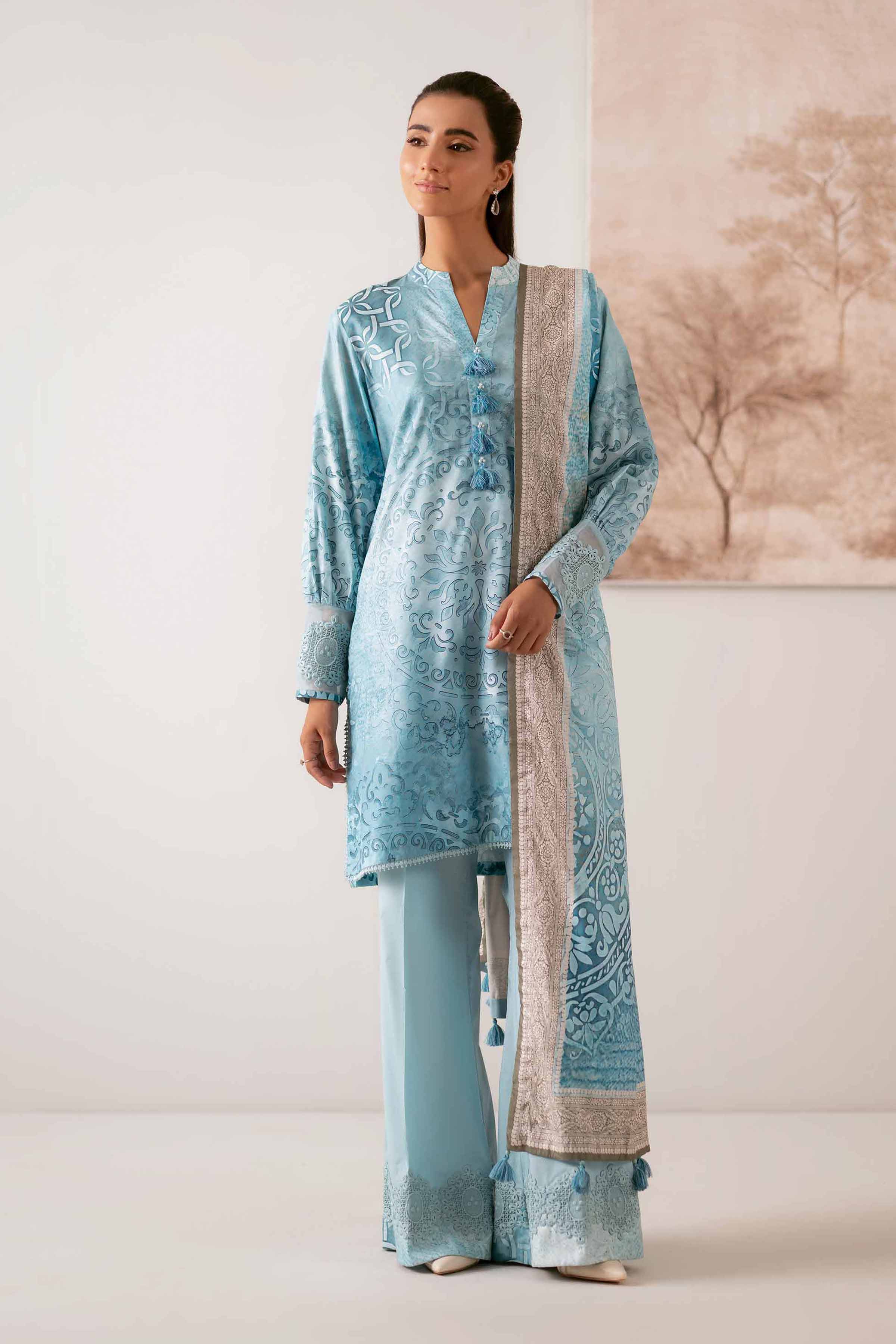 NISHATUAE - Blue Printed Jacquard 3-piece Unstitched Suit