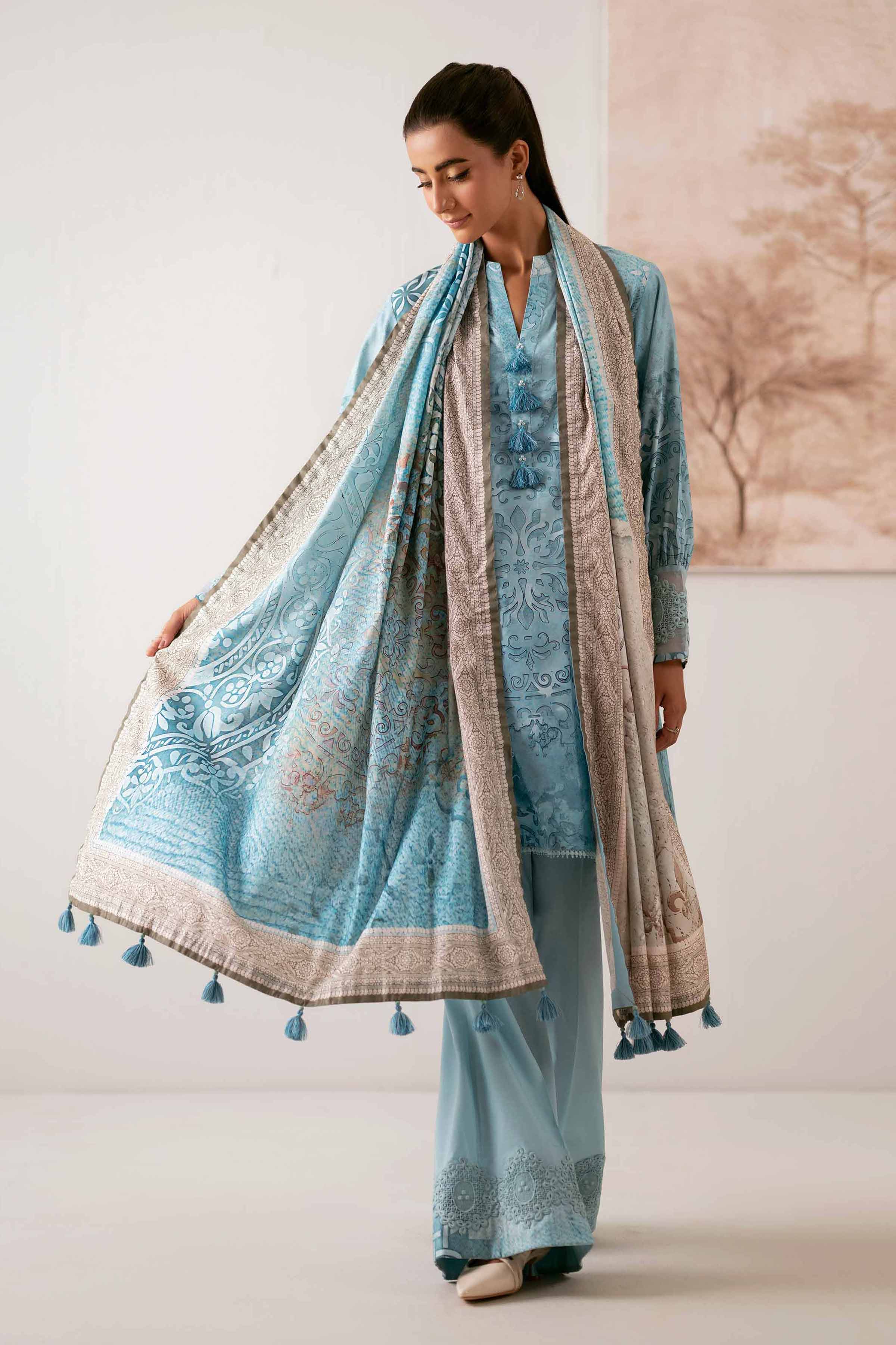 NISHATUAE - Blue Printed Jacquard 3-piece Unstitched Suit
