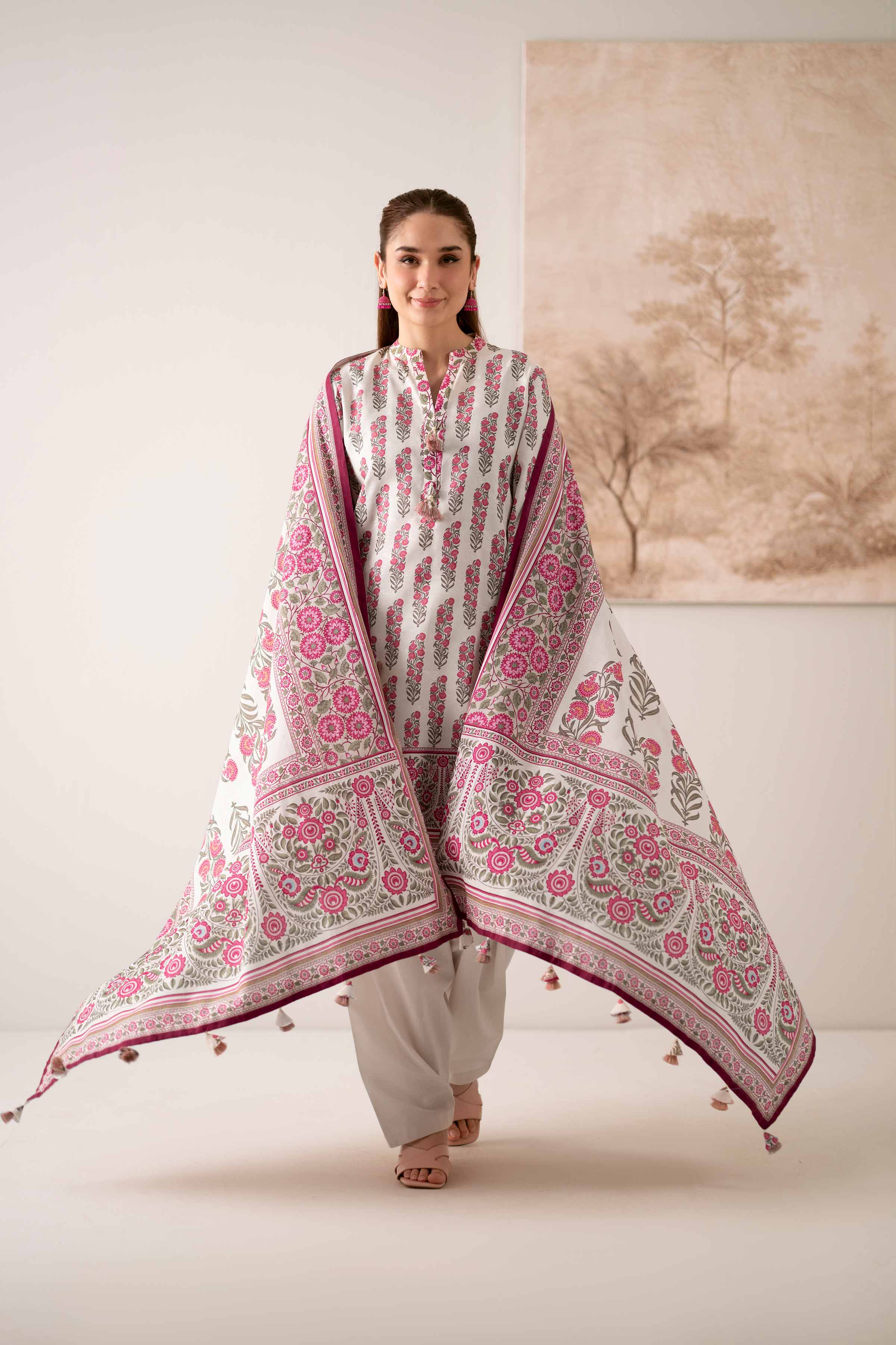 NISHATUAE - Cream Printed Jacquard 3-piece Unstitched Suit