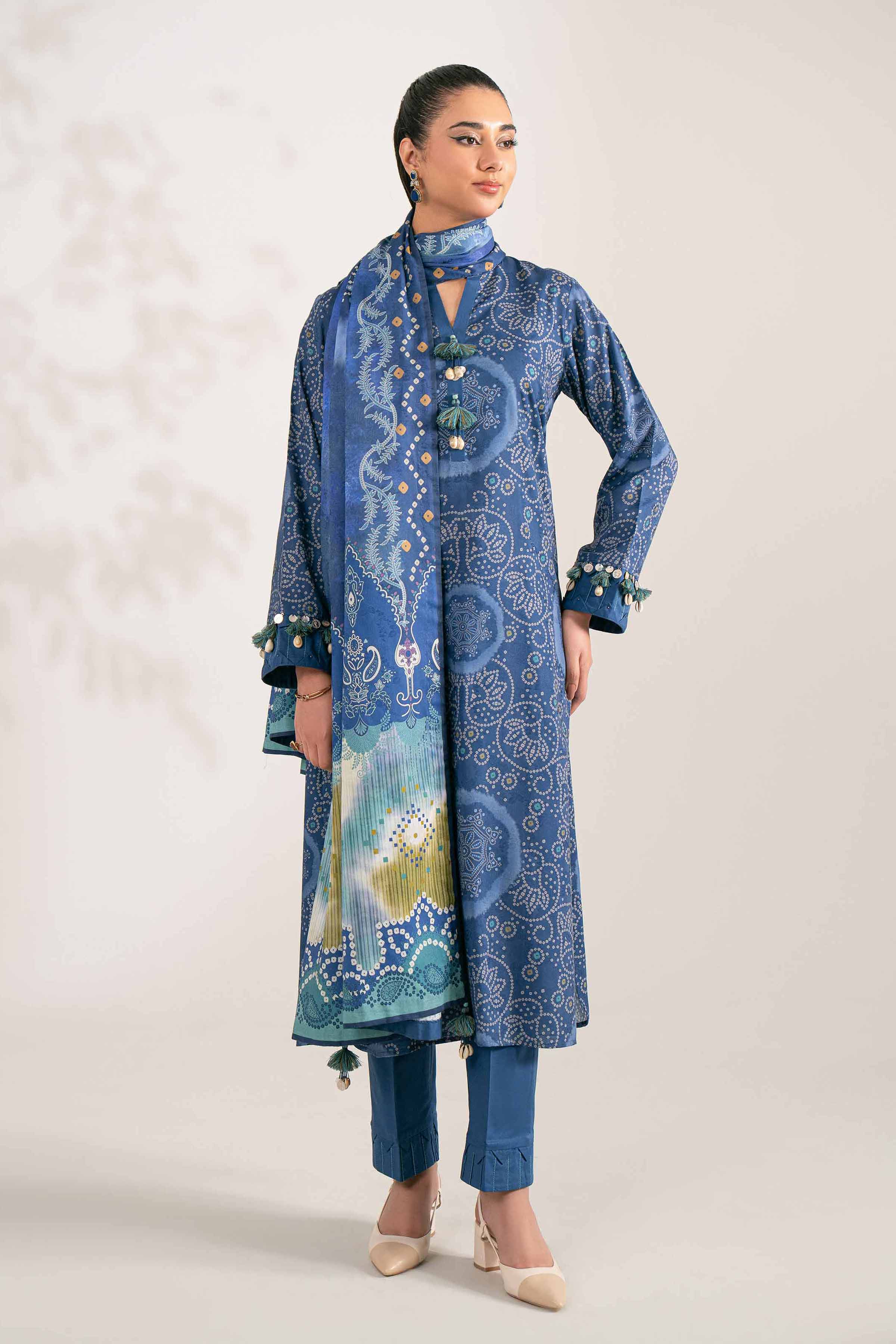 NISHATUAE - Blue Printed Jacquard 3-piece Unstitched Suit