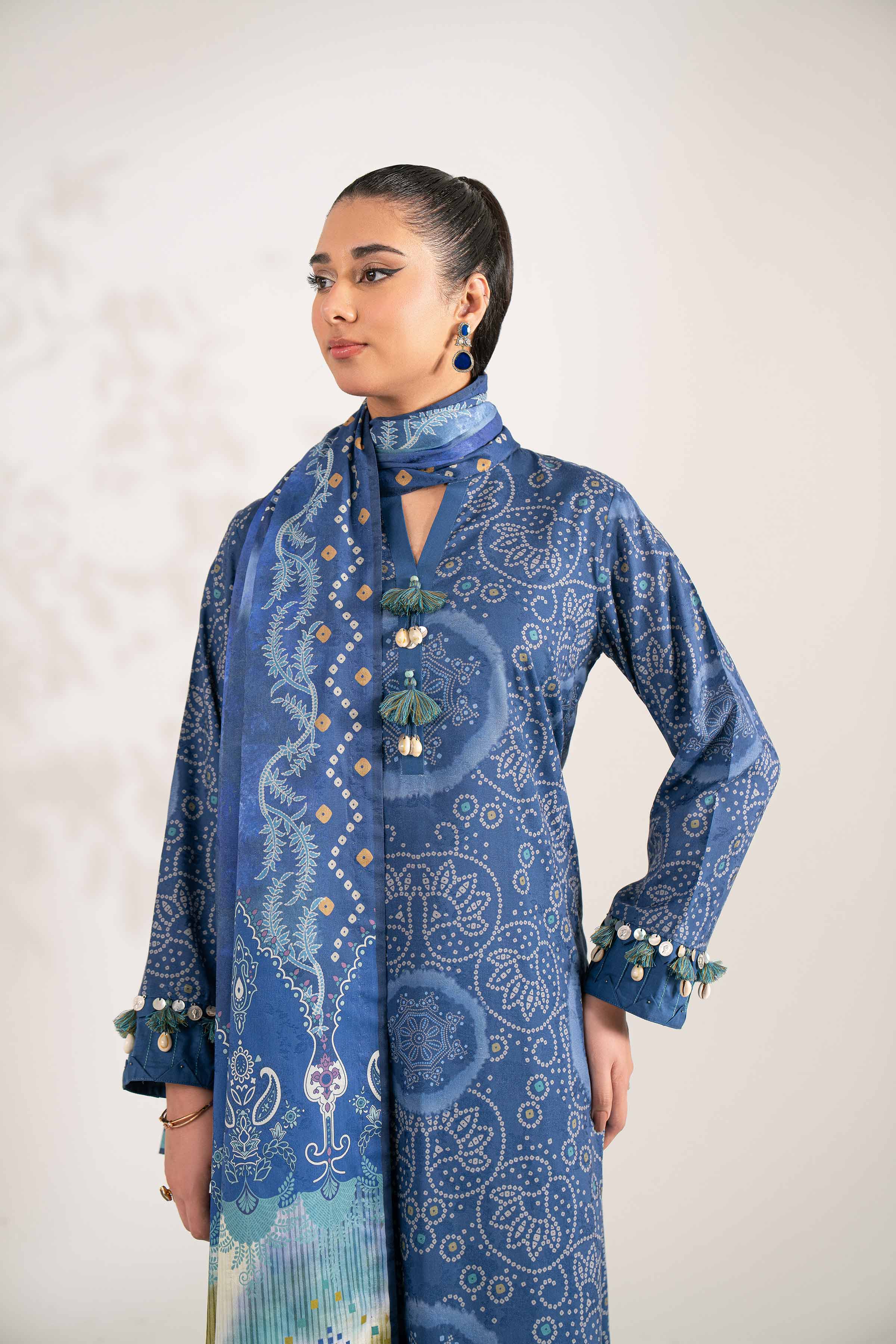 NISHATUAE - Blue Printed Jacquard 3-piece Unstitched Suit