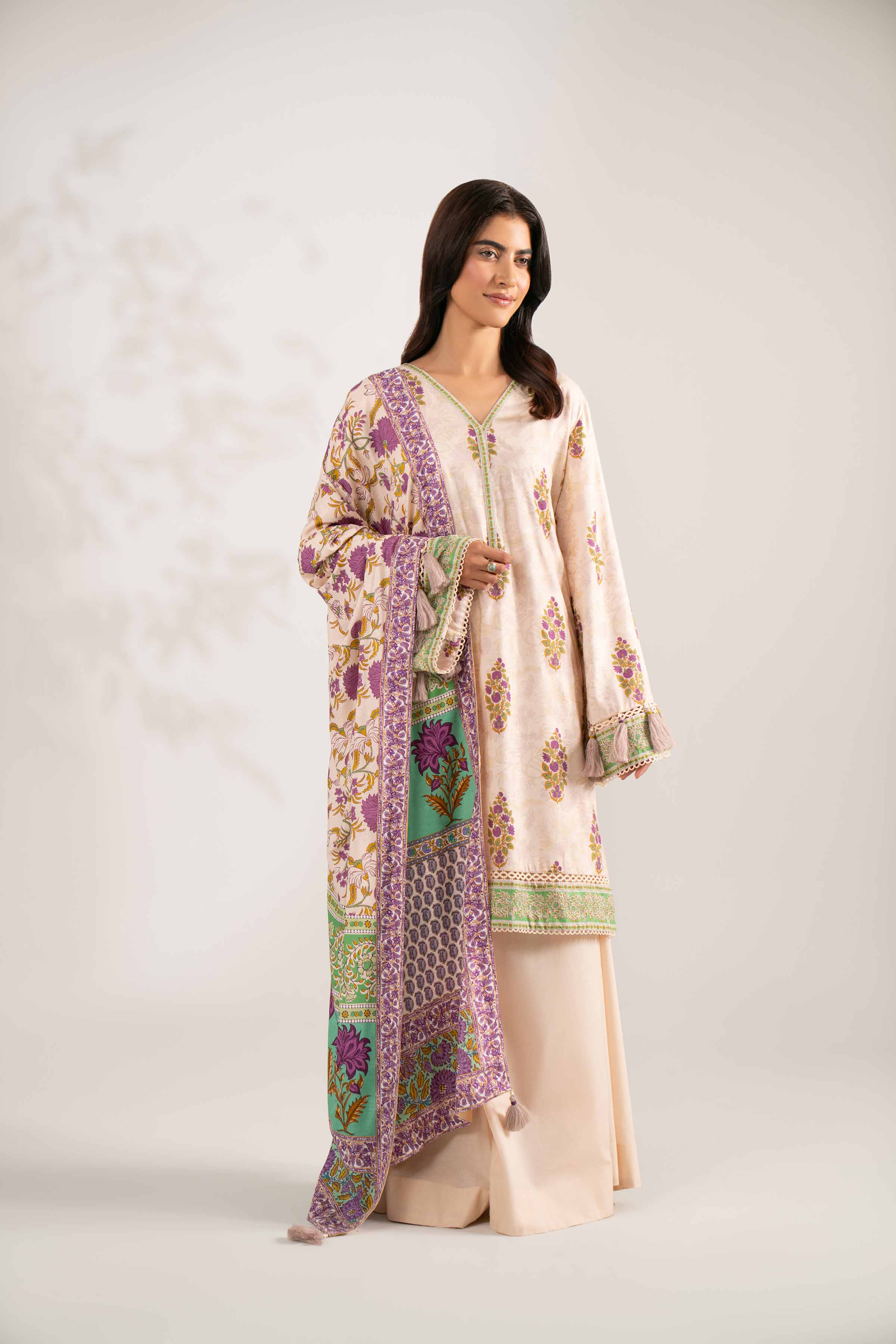 NISHATUAE - Beige Printed Jacquard 3-piece Unstitched Suit